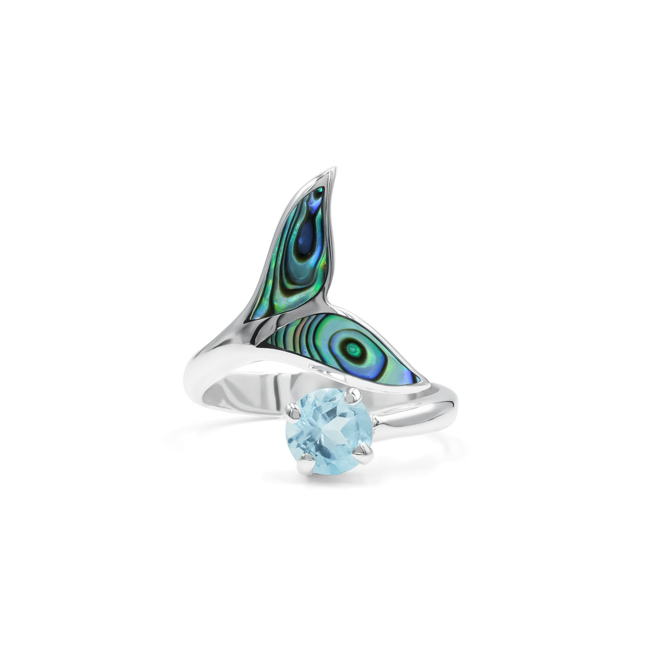 Starborn Abalone Shell & Faceted Blue Topaz Whale Tail Wrap Ring in Sterling Silver