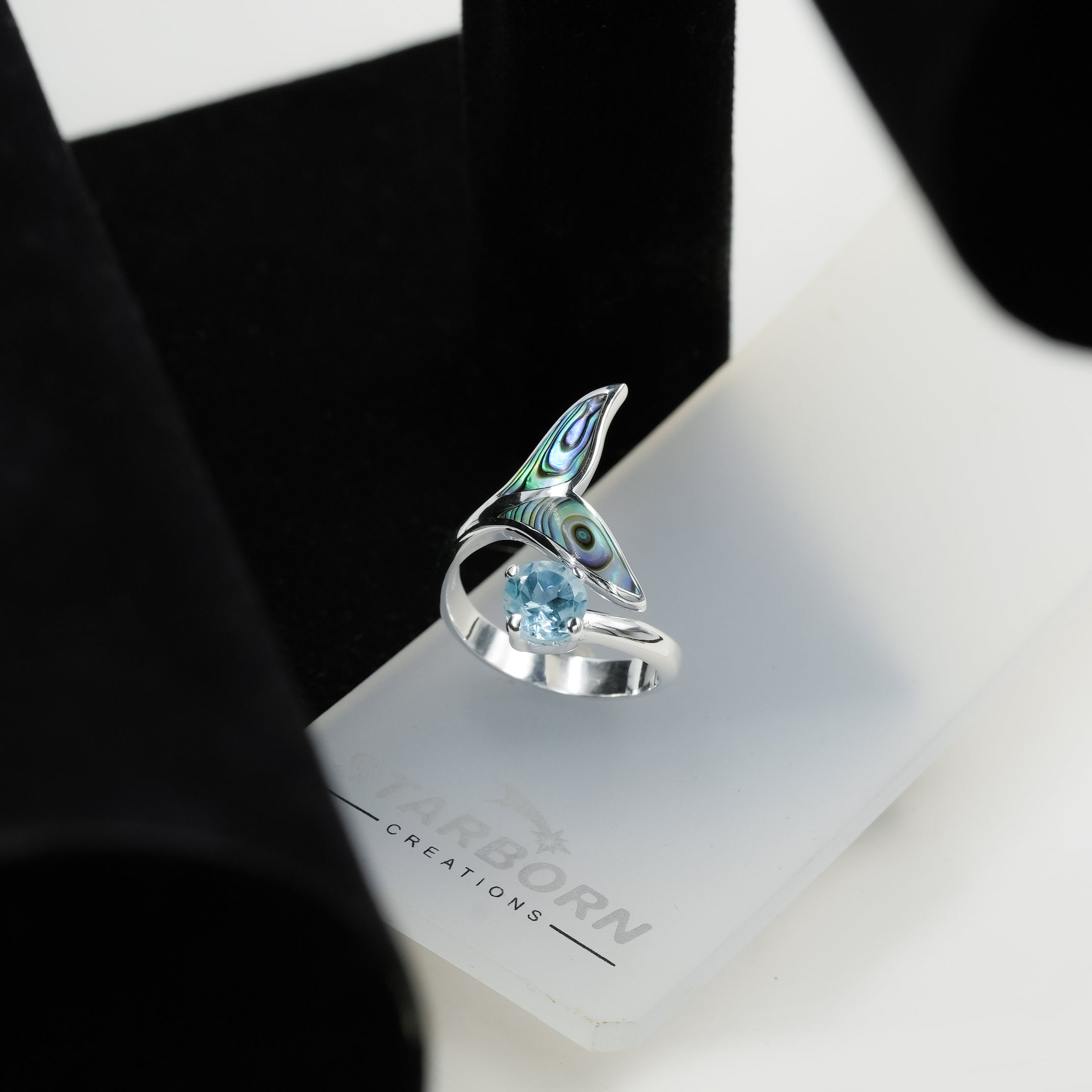 Starborn Abalone Shell & Faceted Blue Topaz Whale Tail Wrap Ring in Sterling Silver
