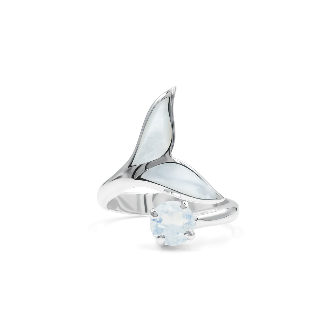 Starborn Mother of Pearl & Faceted Rainbow Moonstone Whale Tail Wrap Ring in Sterling Silver