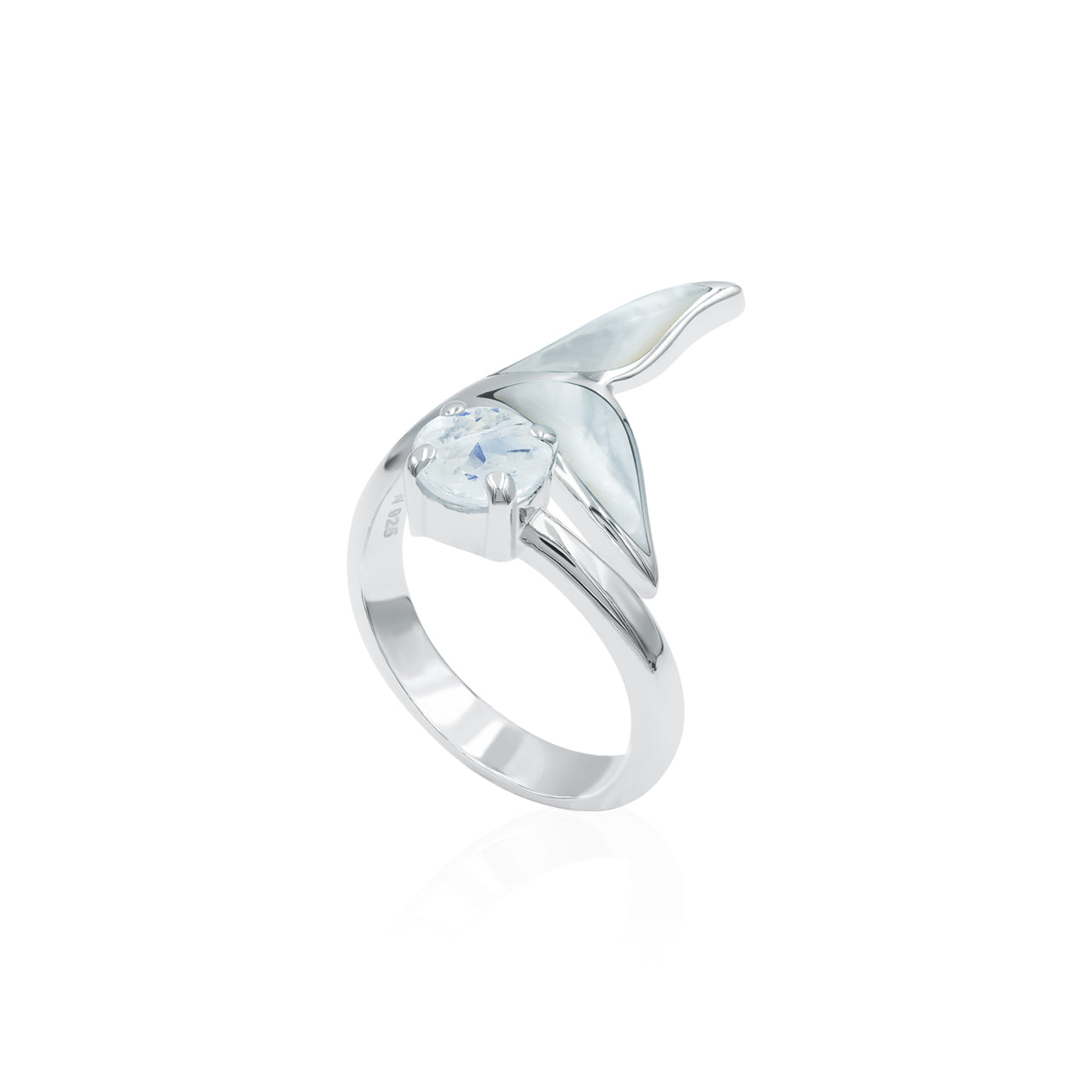 Starborn Mother of Pearl & Faceted Rainbow Moonstone Whale Tail Wrap Ring in Sterling Silver