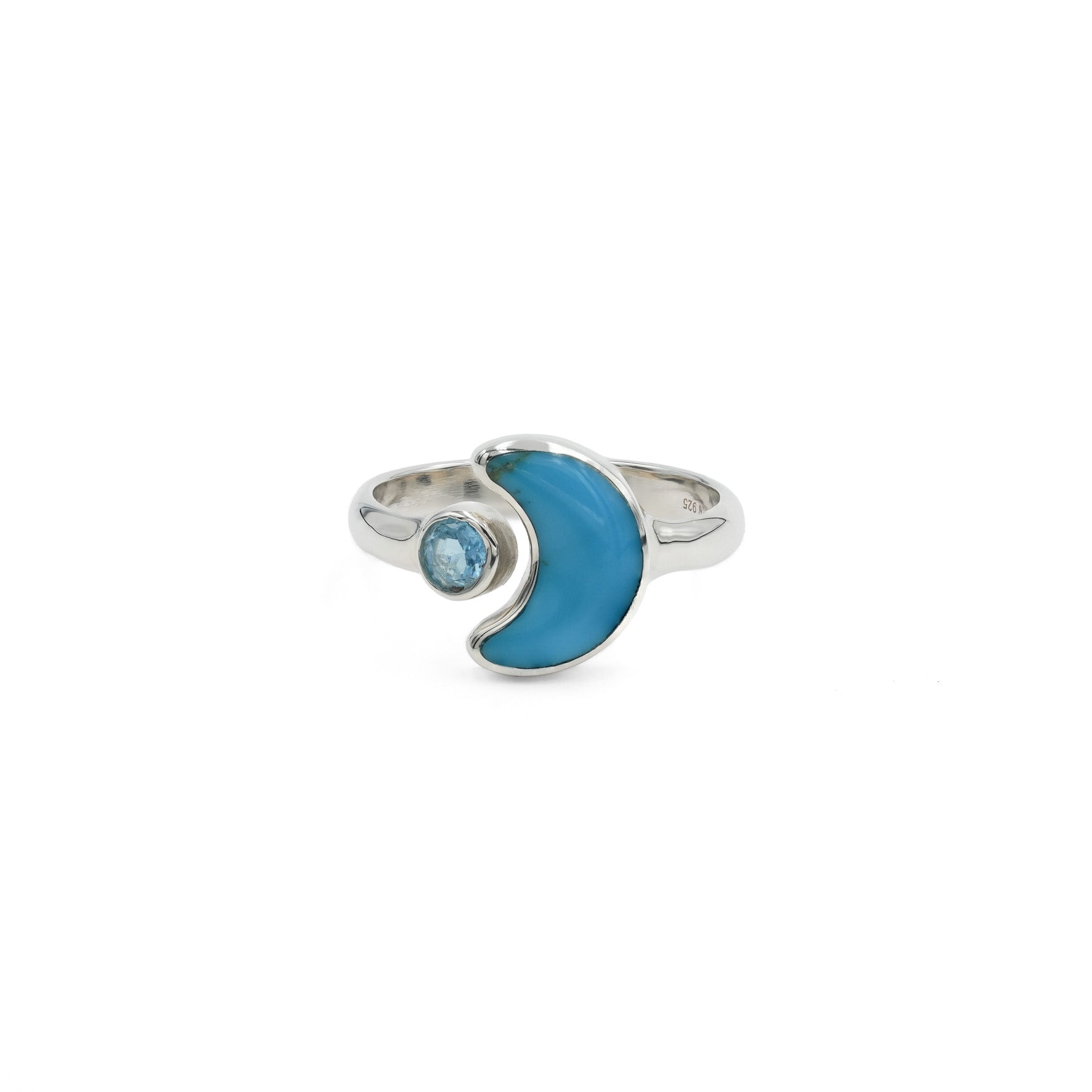 Anillo de luna creciente con topacio azul facetado y turquesa Starborn en plata de ley