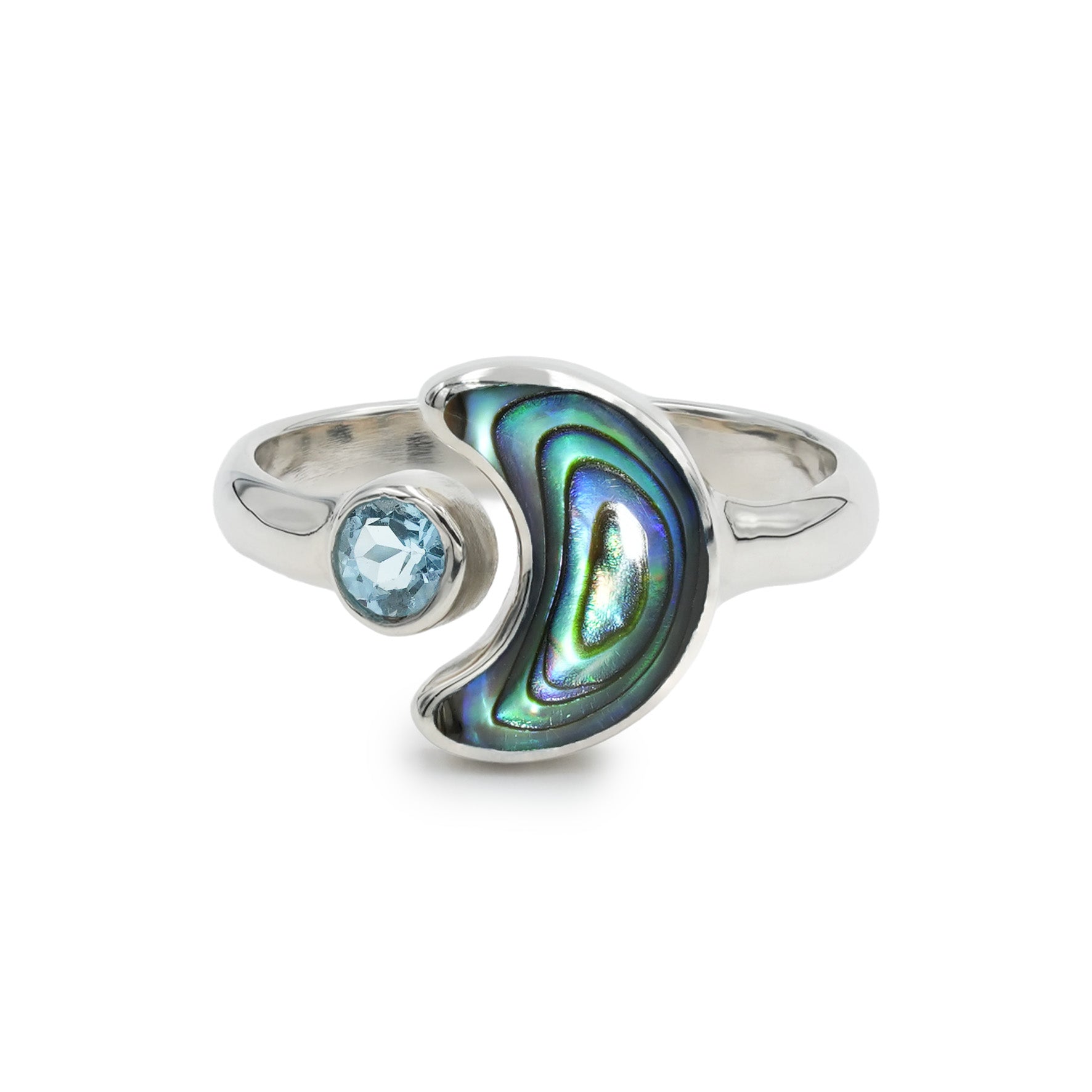 Starborn Abalone Shell Crescent Moon Ring with Faceted Blue Topaz Accent in Sterling Silver