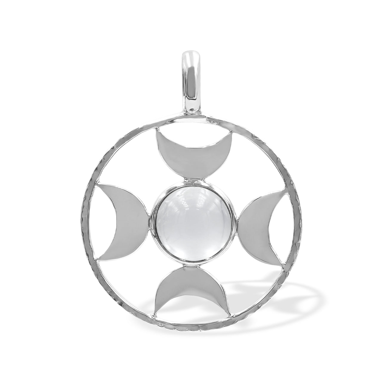 Starborn Moon Quartz/Girasol Sphere Directional Crescent Moon Pendant in Sterling Silver