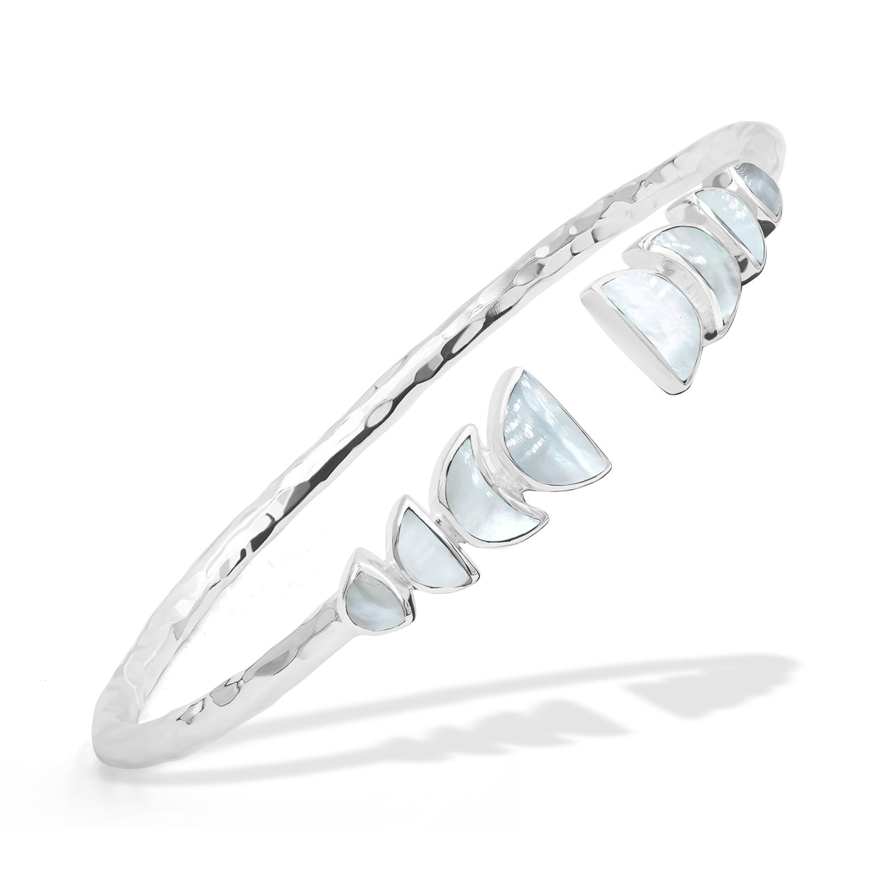 Starborn Mother of Pearl with Partial Lunar Eclipse Design Open Bangle Bracelet in Sterling Silver