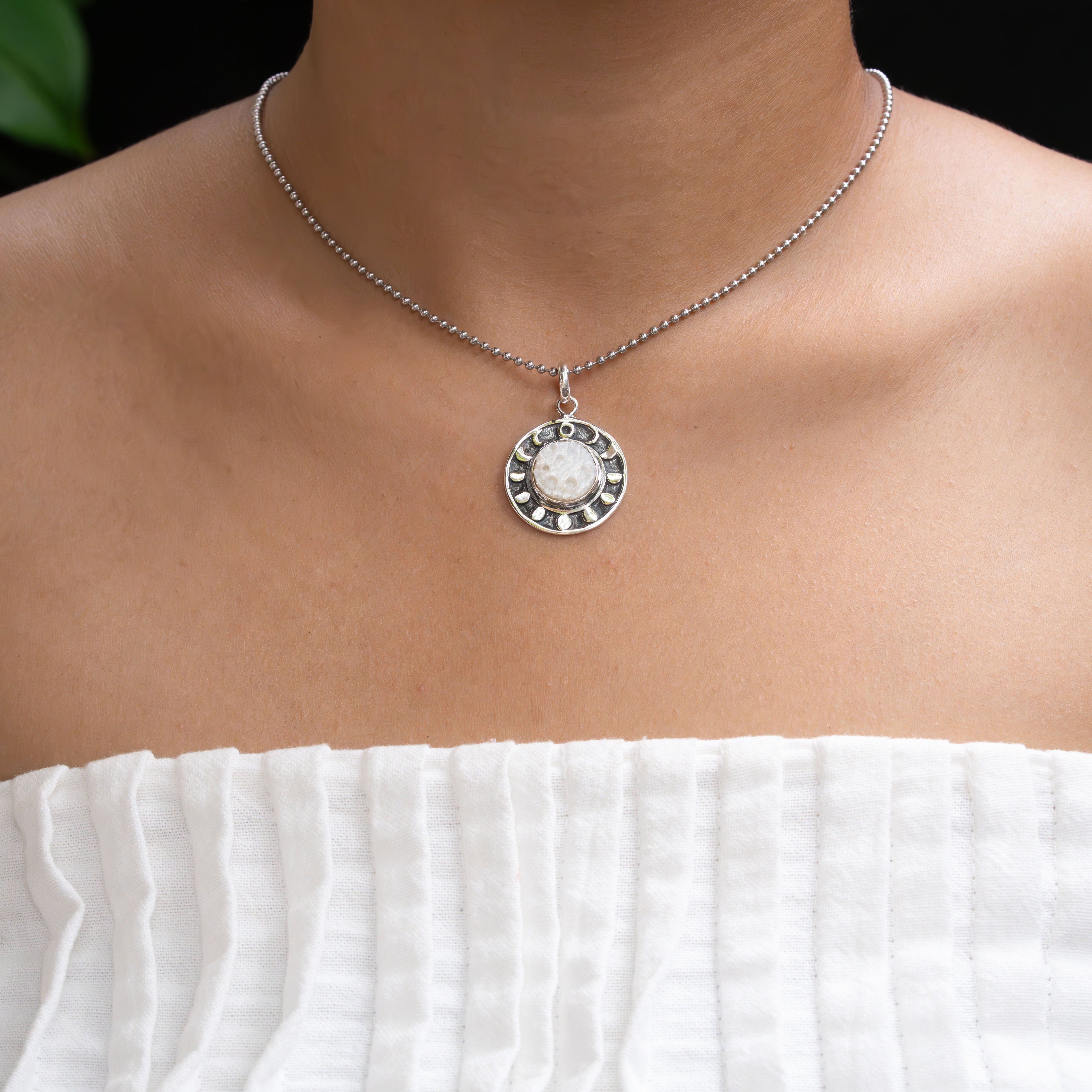 Starborn Mother of Pearl Moon Phases Pendant in Sterling Silver