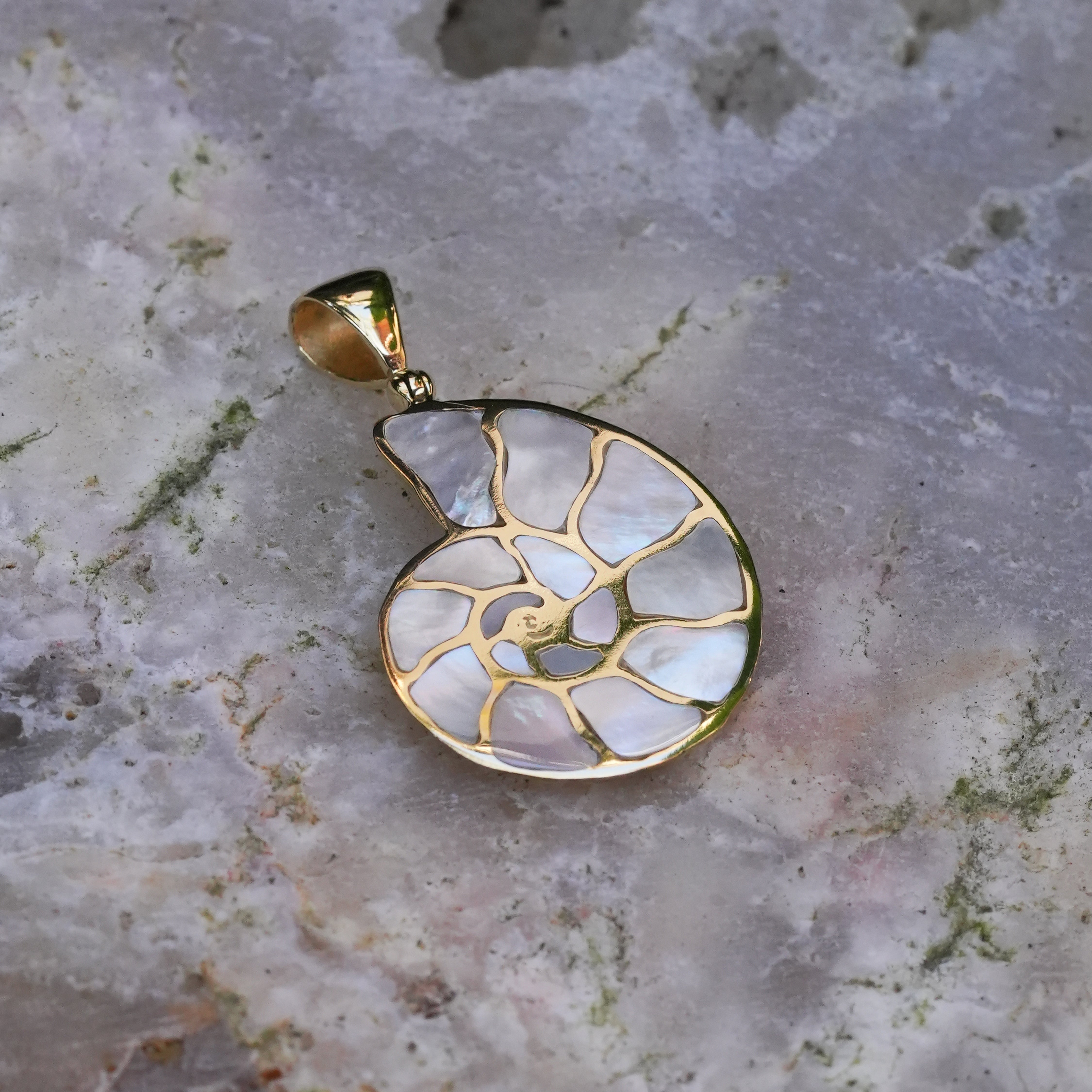 Starborn Mother of Pearl Inlay Nautilus Ammonite Pendant in Sterling Silver