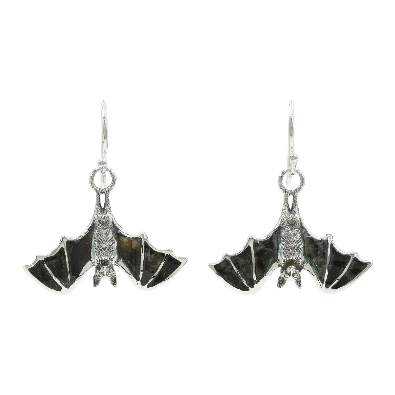 Starborn Black Muscovite Inlay Hanging Bat Dangle Earrings in Fine Sterling Silver