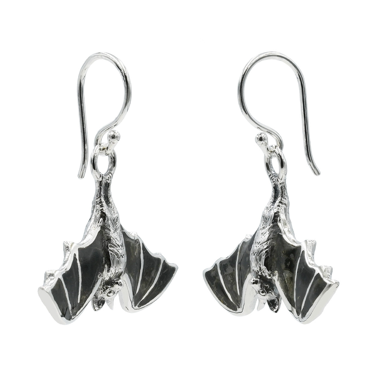 Starborn Black Muscovite Inlay Hanging Bat Dangle Earrings in Fine Sterling Silver