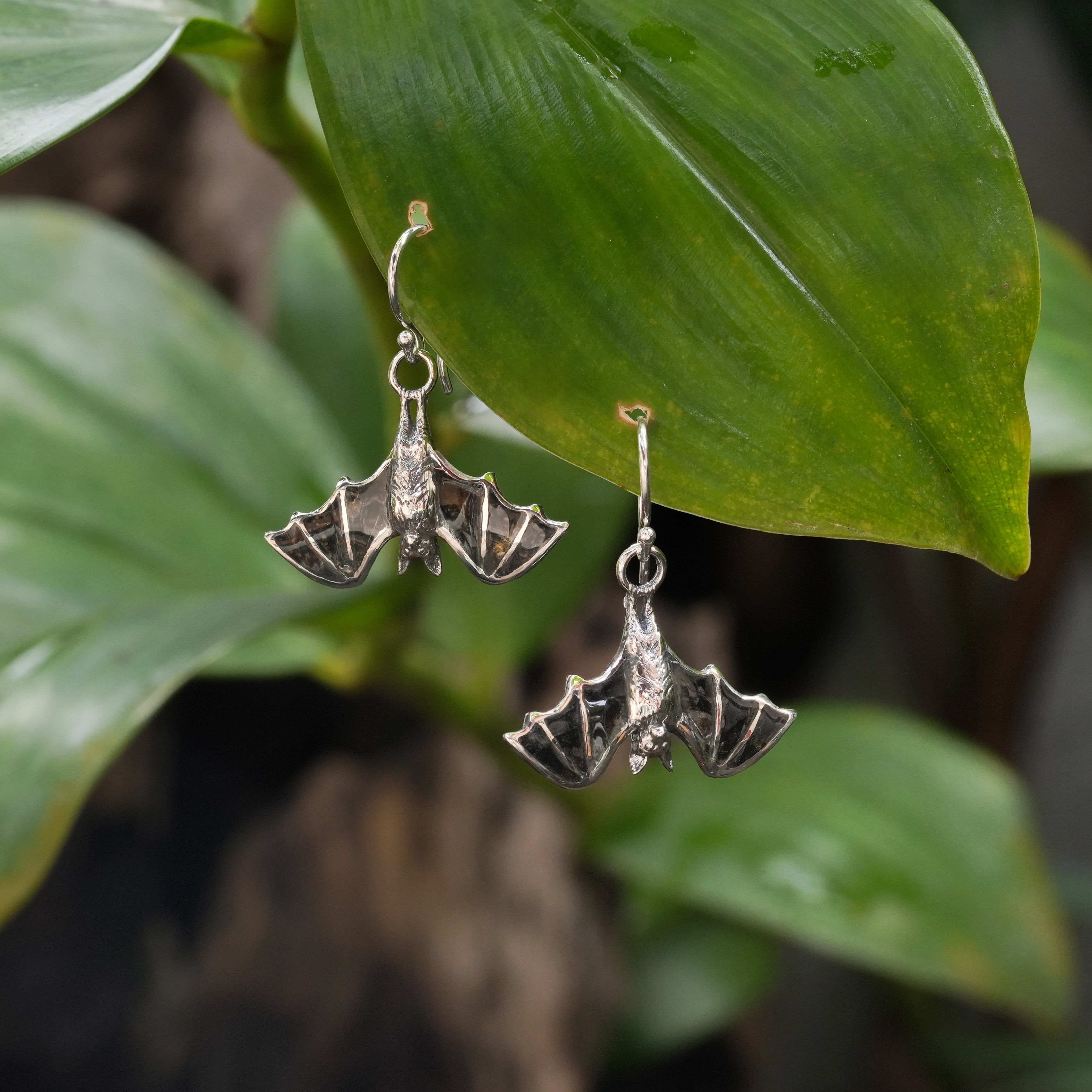 Starborn Black Muscovite Inlay Hanging Bat Dangle Earrings in Fine Sterling Silver