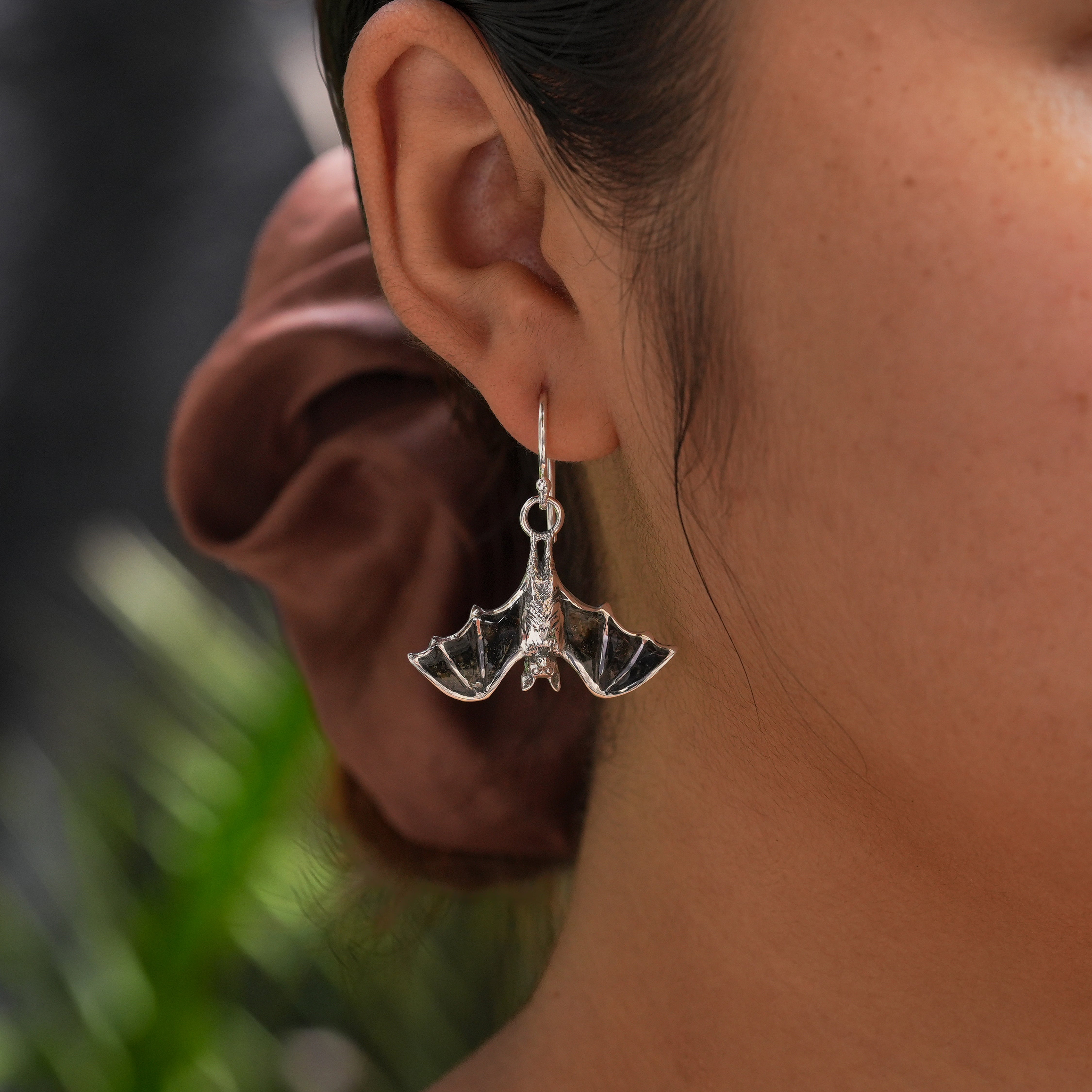 Starborn Black Muscovite Inlay Hanging Bat Dangle Earrings in Fine Sterling Silver