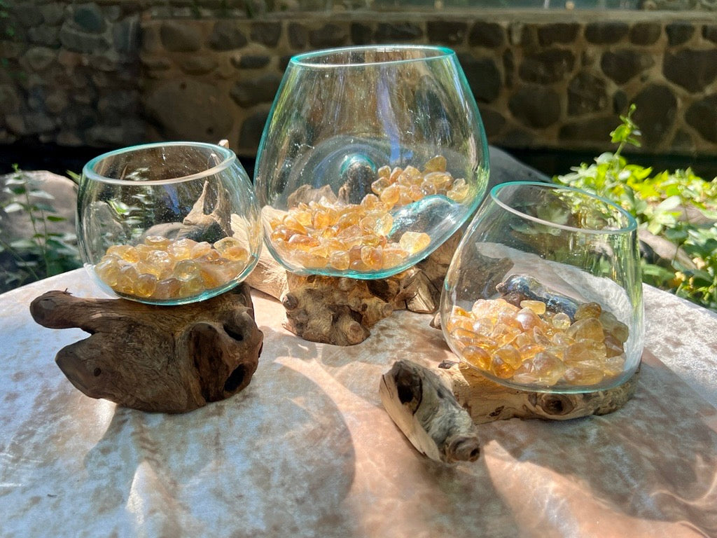 Starborn Handblown Glass Display Bowls on Natural Wood (Set of 3)