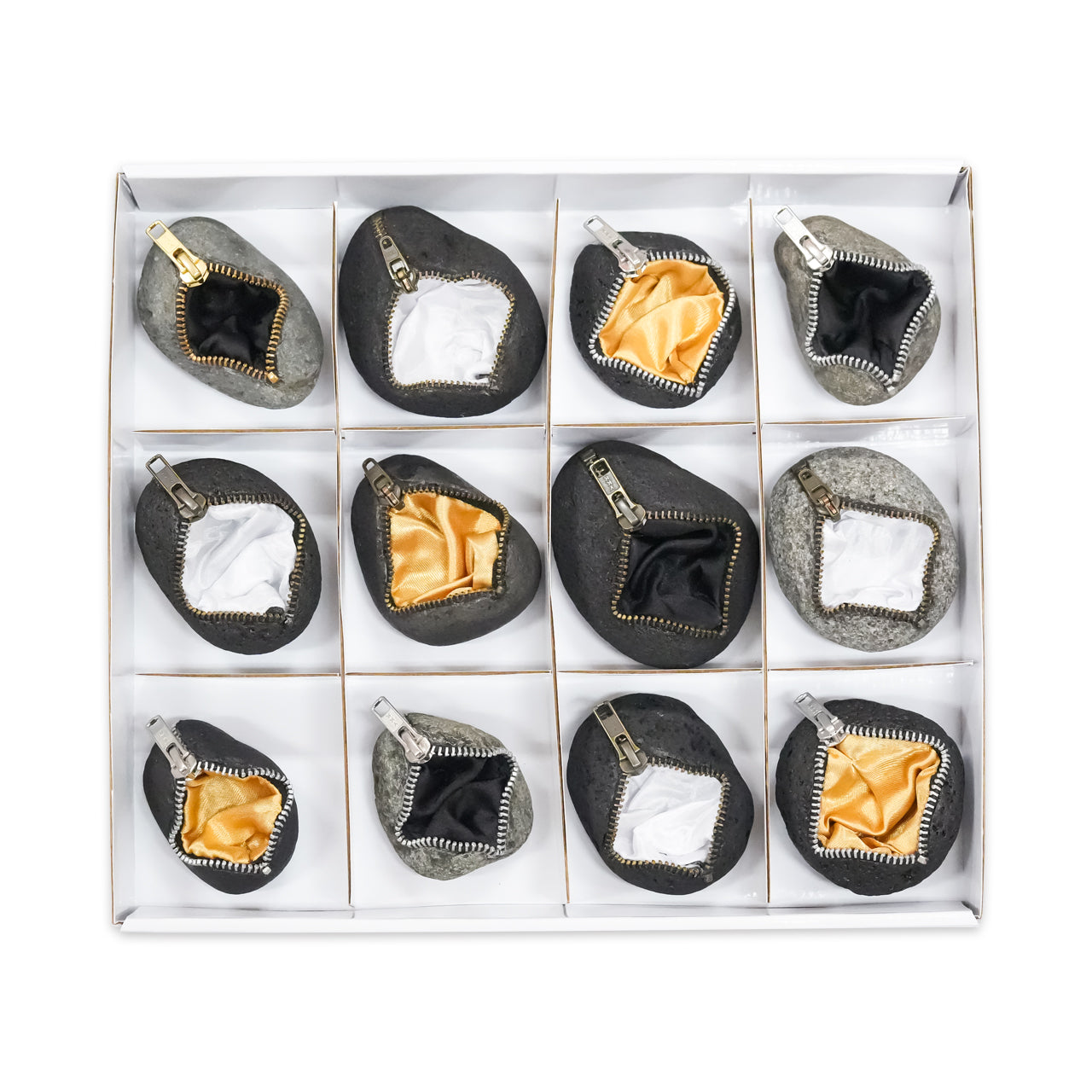 Zipper Rock Display with Black, White &amp; Gold Lining Fabric