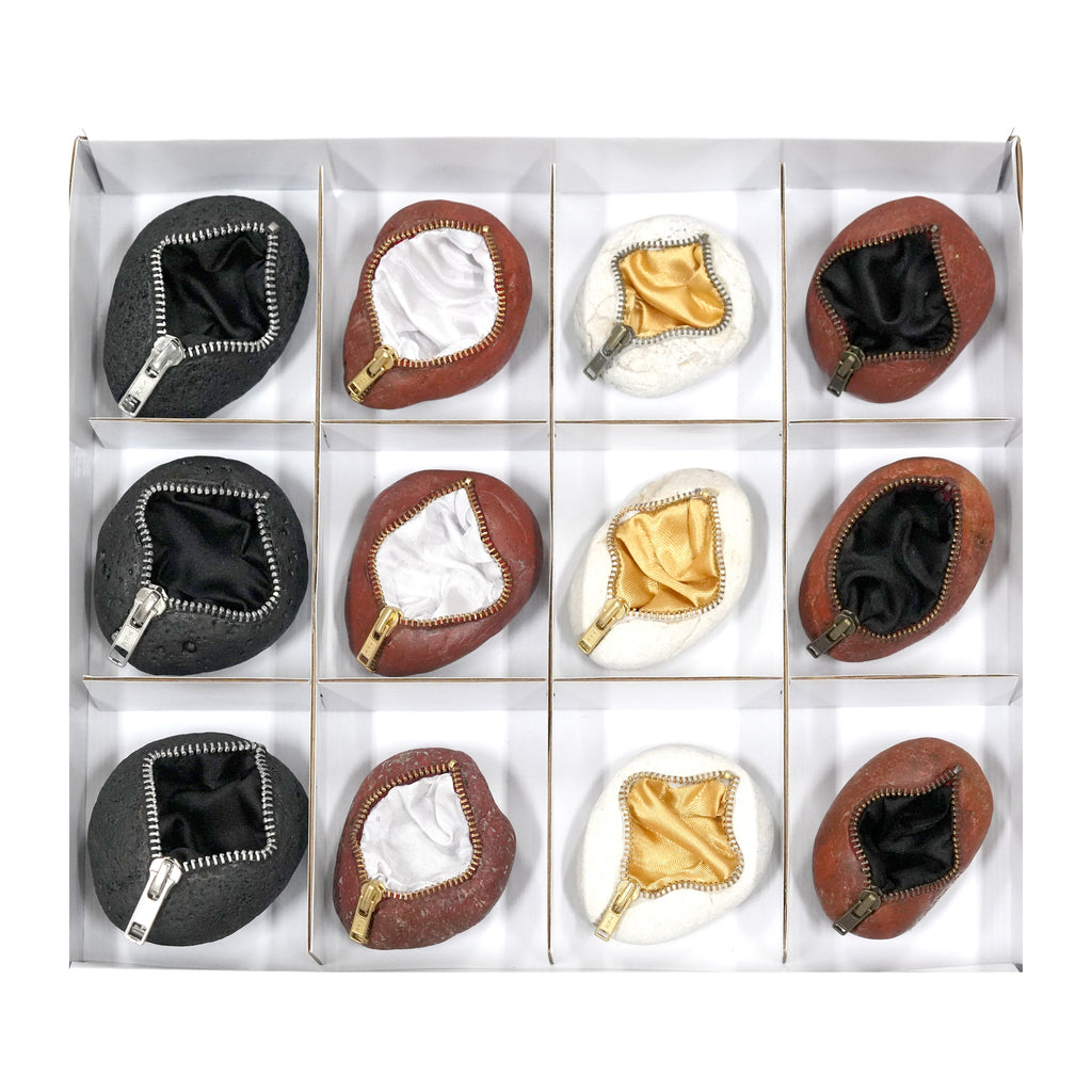 Zipper Rock Display with Black, White and Gold Lining Fabric