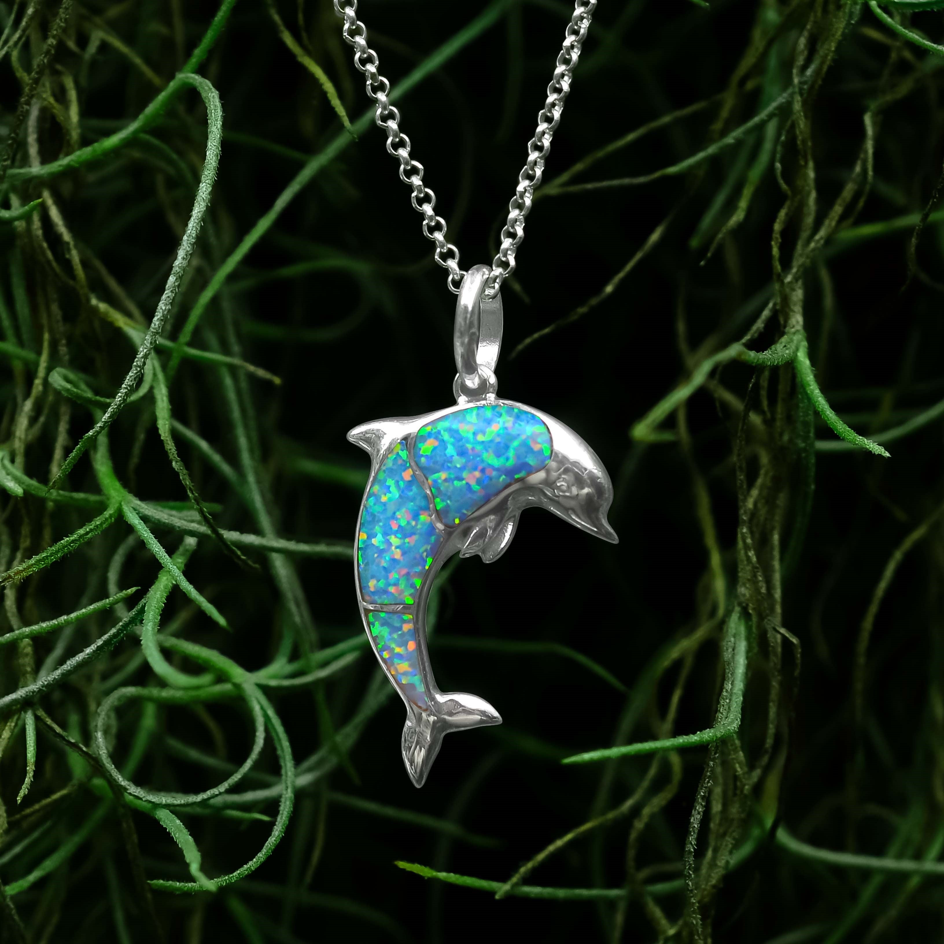 Starborn Gemstone Inlay Dolphin Pendant in Sterling Silver
