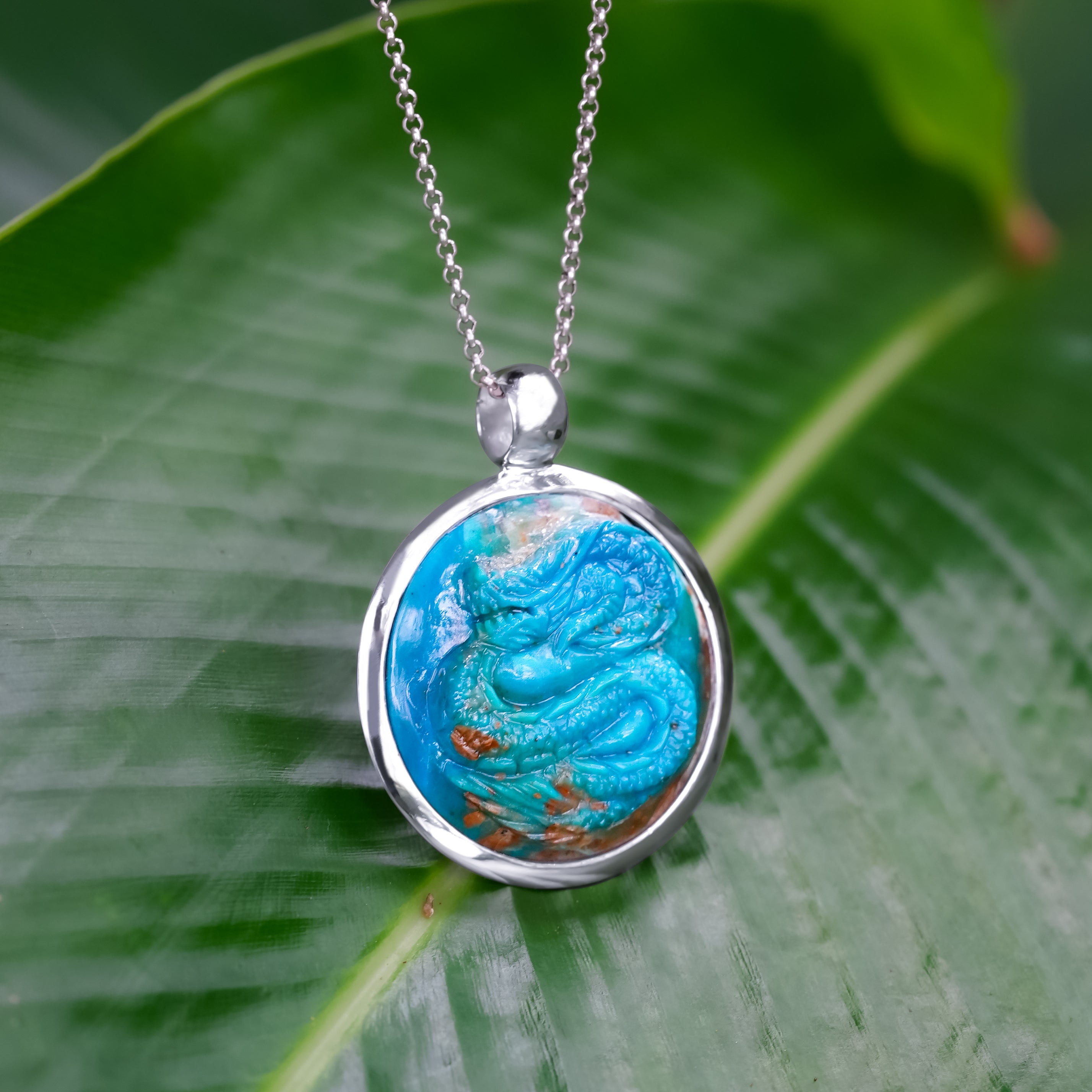 Starborn Peruvian Blue Opal Carved Dragon Medallion Style Pendant in Sterling Silver