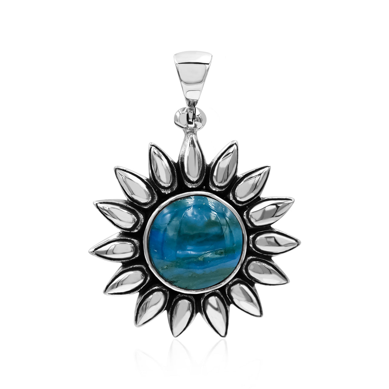 Starborn Peruvian Blue Opal Sunflower Pendant in Fine Sterling Silver