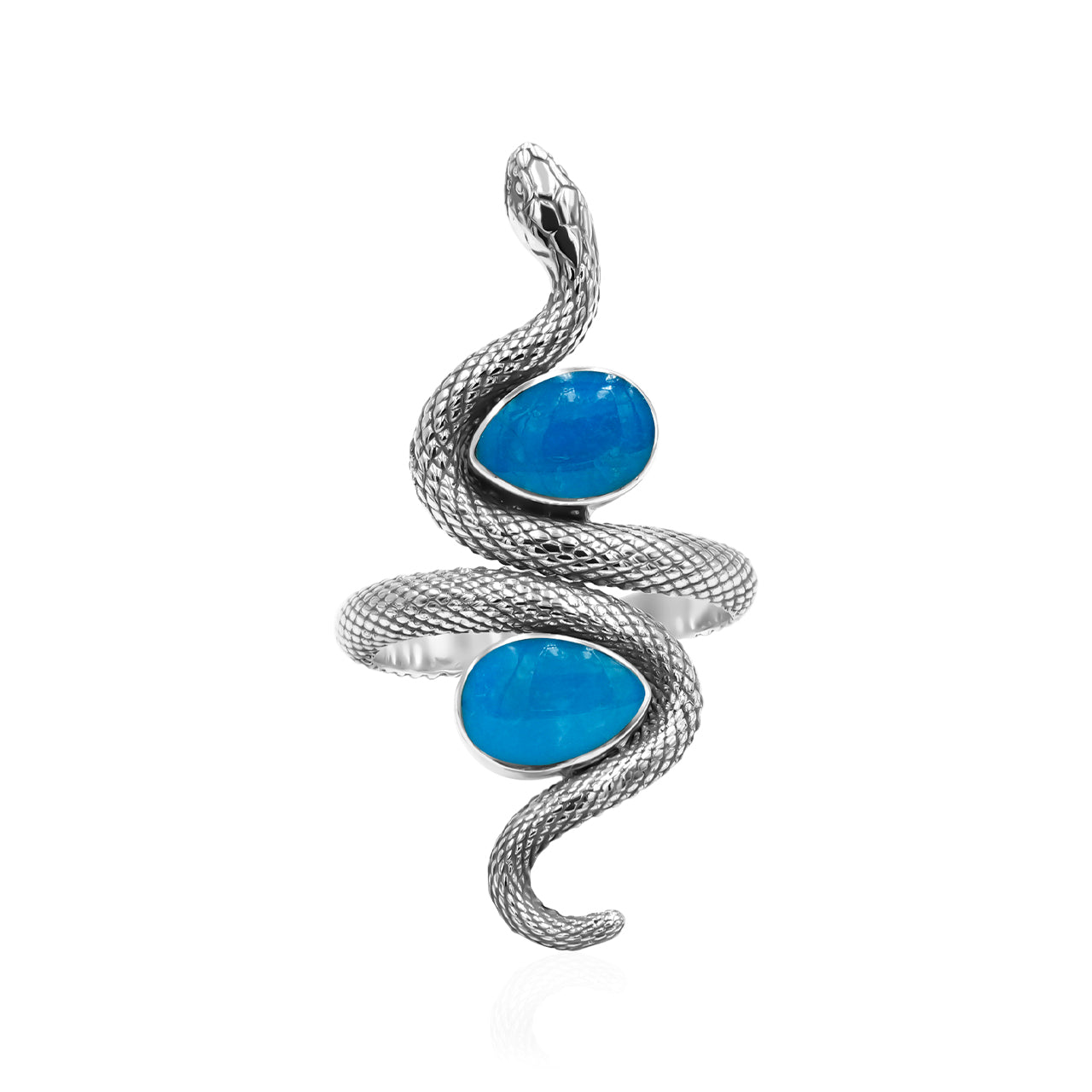 Starborn Colied Snake Ring with Dual Peruvian Blue Opal in Sterling Silver