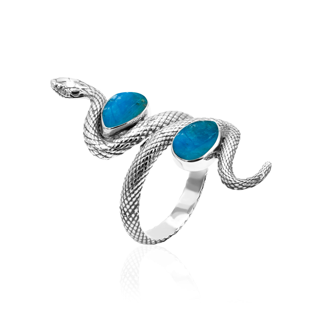 Starborn Colied Snake Ring with Dual Peruvian Blue Opal in Sterling Silver