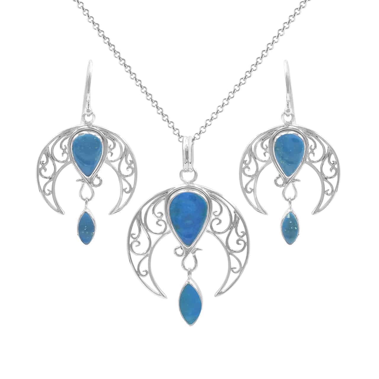 Starborn Peruvian Blue Opal Celestial Pendant and Earring Set in Sterling Silver