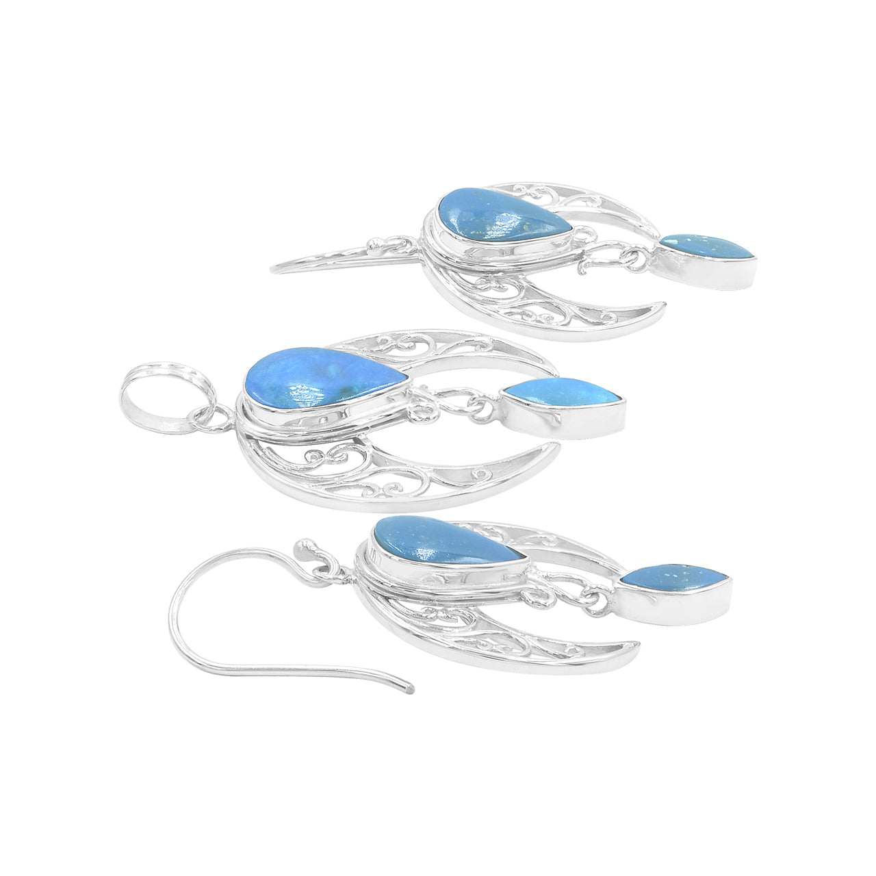 Starborn Peruvian Blue Opal Celestial Pendant and Earring Set in Sterling Silver