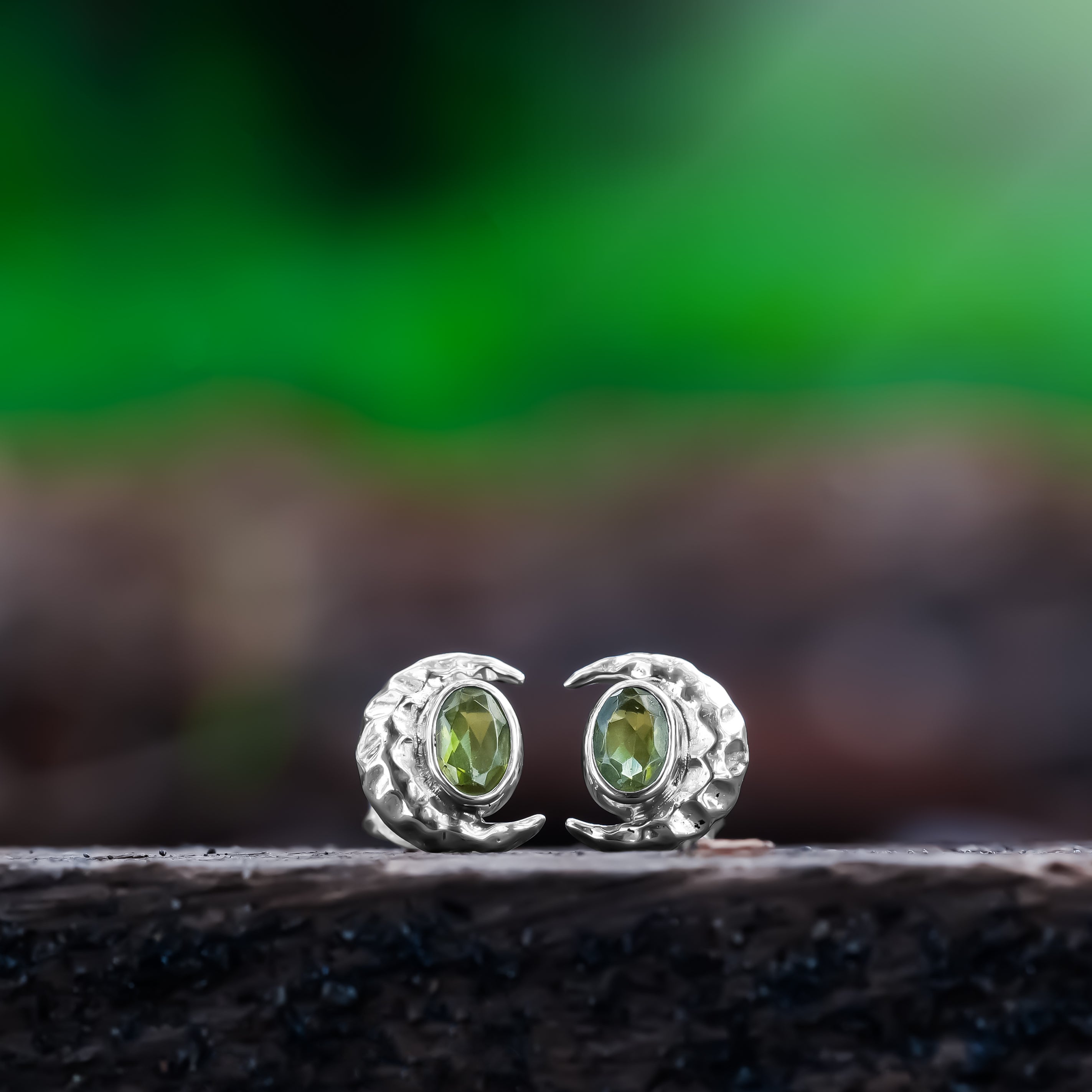 Starborn Faceted Oval Peridot Post Earrings with Hammered Crescent Moon Accent in Sterling Silver