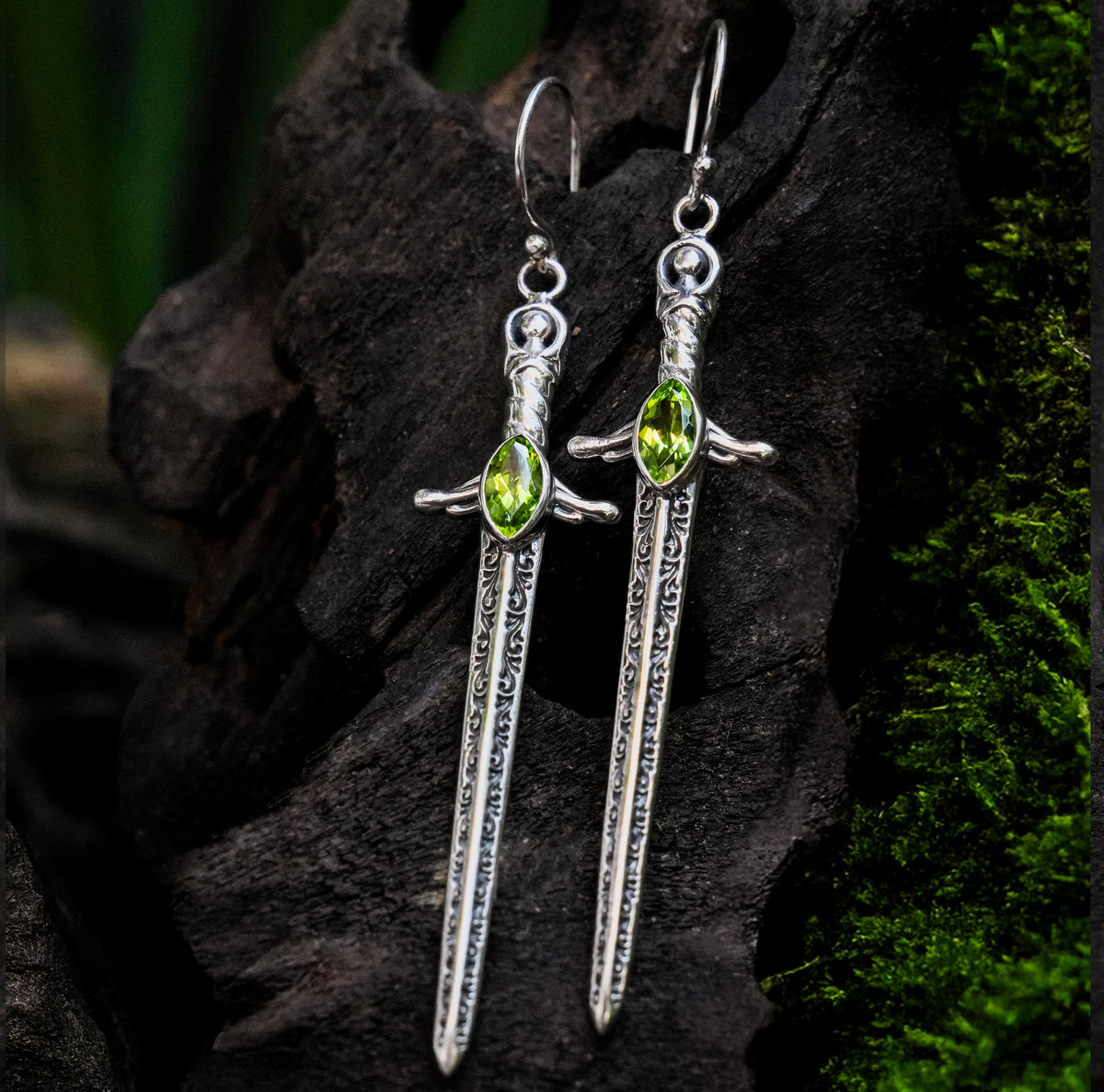 Starborn Peridot Sword Dangle Earrings in Sterling Silver