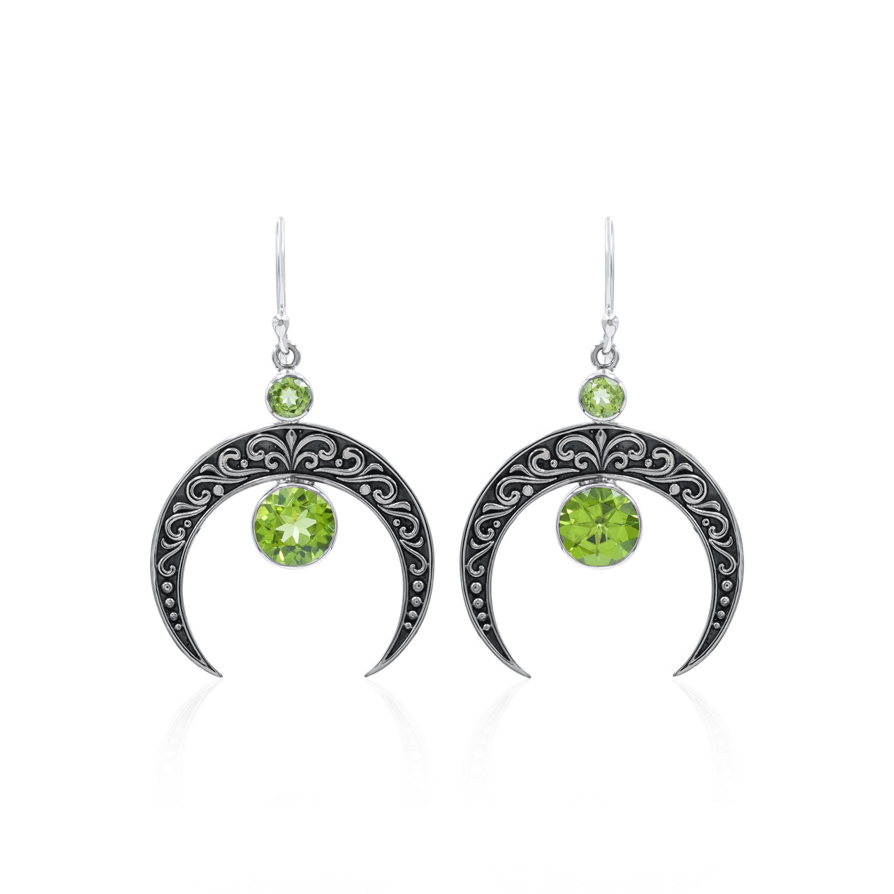 Starborn Crescent Moon Filigree with Round Faceted Gemstone Dangle Earrings in Sterling Silver