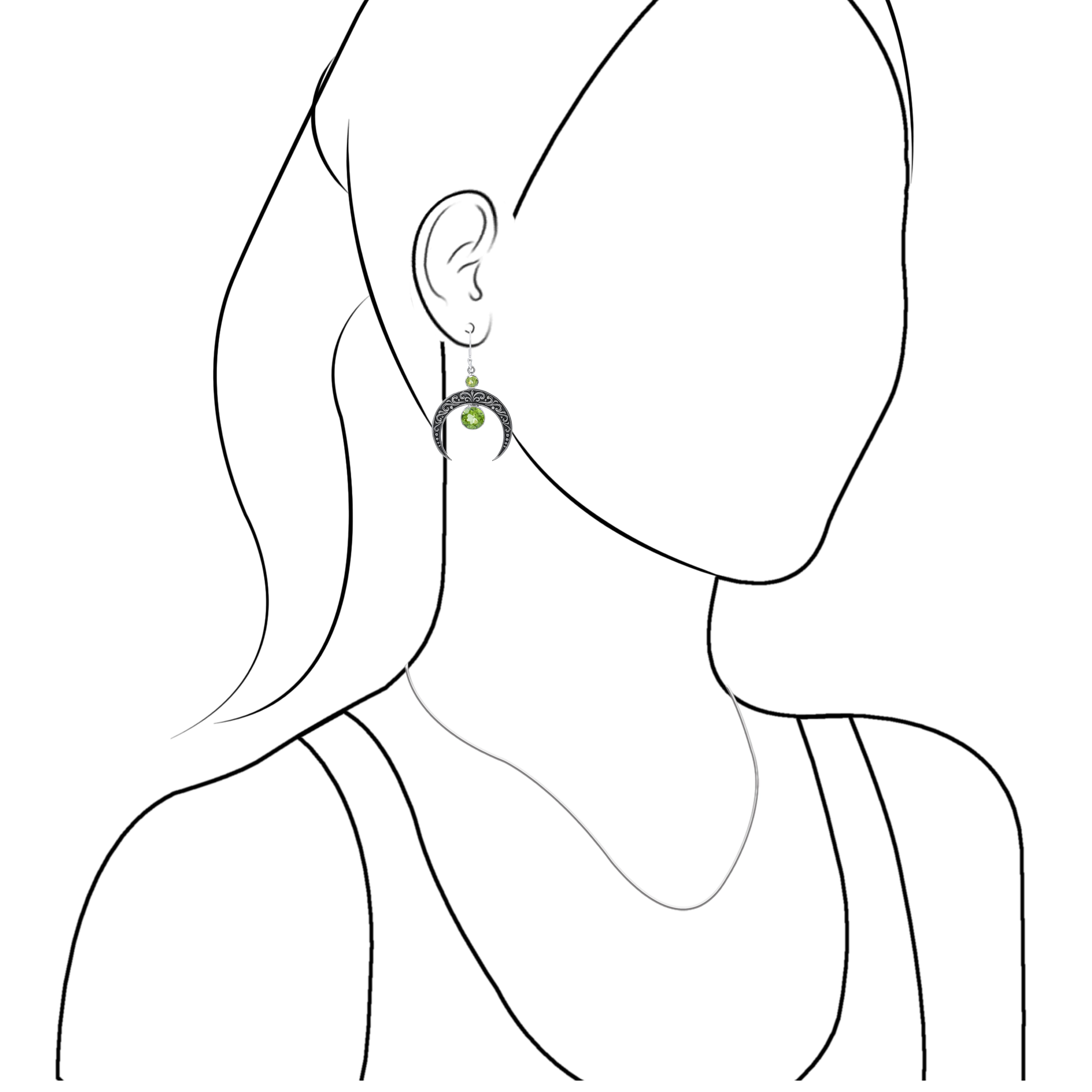 Starborn Crescent Moon Filigree with Round Faceted Gemstone Dangle Earrings in Sterling Silver