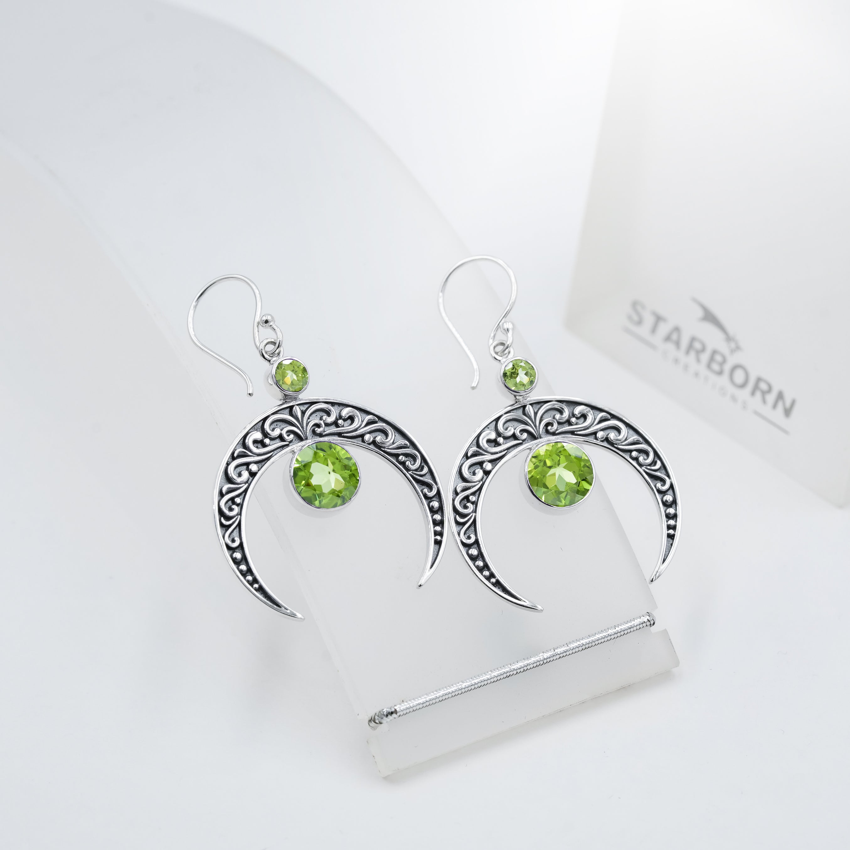 Starborn Crescent Moon Filigree with Round Faceted Gemstone Dangle Earrings in Sterling Silver