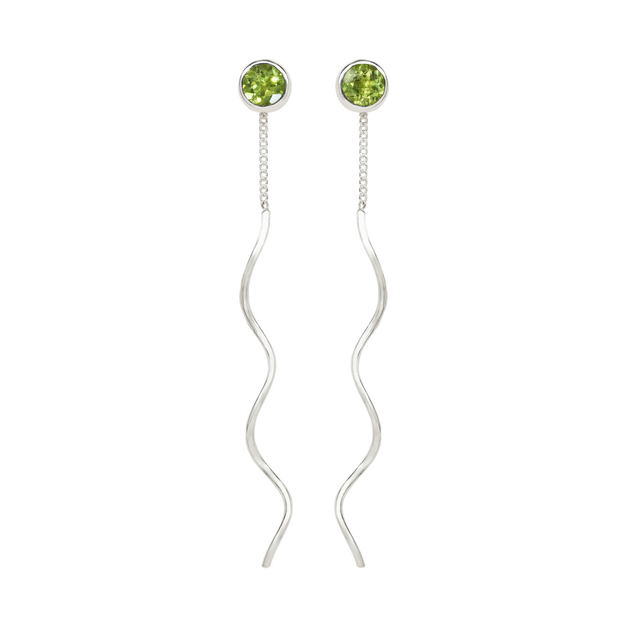Starborn Faceted Peridot Stud Earrings with Flowing Curled Wire Drop in Sterling Silver