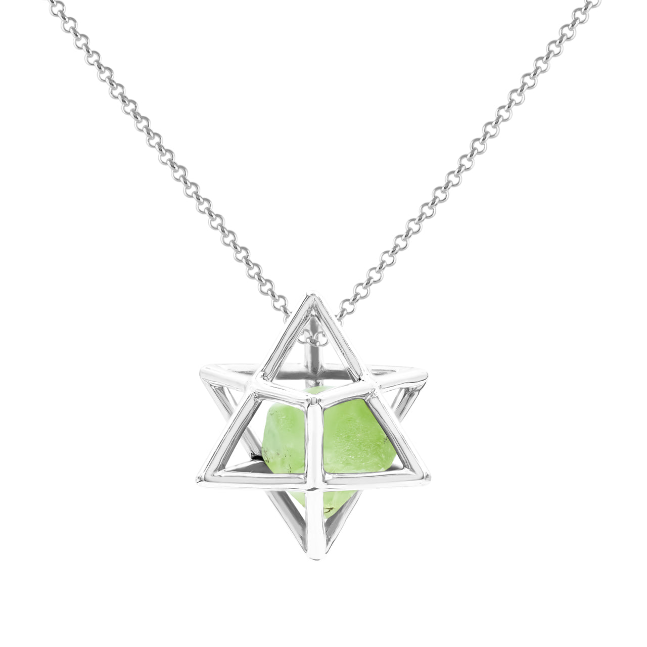 Starborn Natural Raw Peridot in Merkabah Sterling Silver Cage Pendant and Chain
