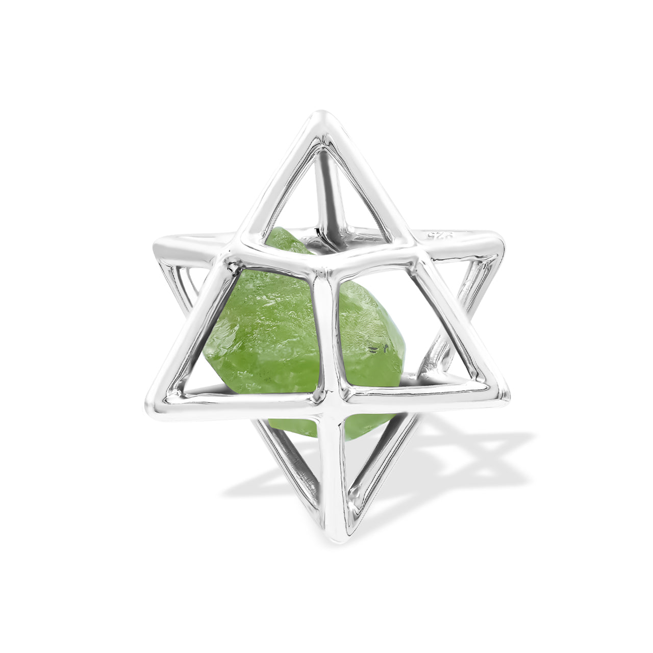 Starborn Natural Raw Peridot in Merkabah Sterling Silver Cage Pendant and Chain
