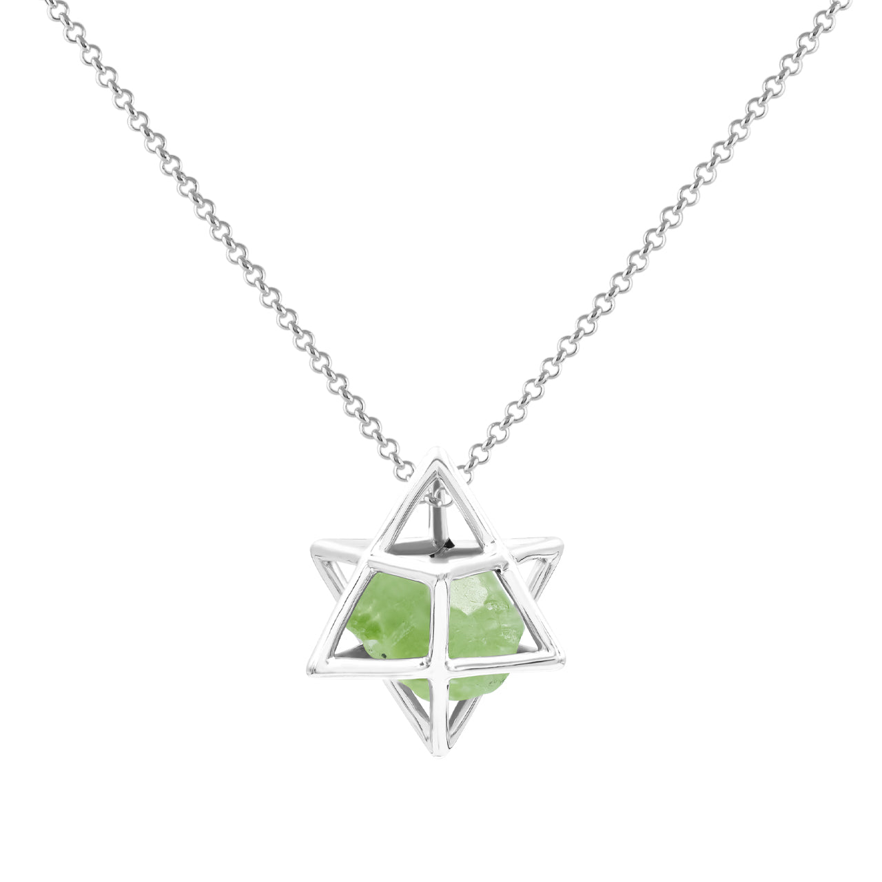 Starborn Natural Raw Peridot in Merkabah Sterling Silver Cage Pendant and Chain