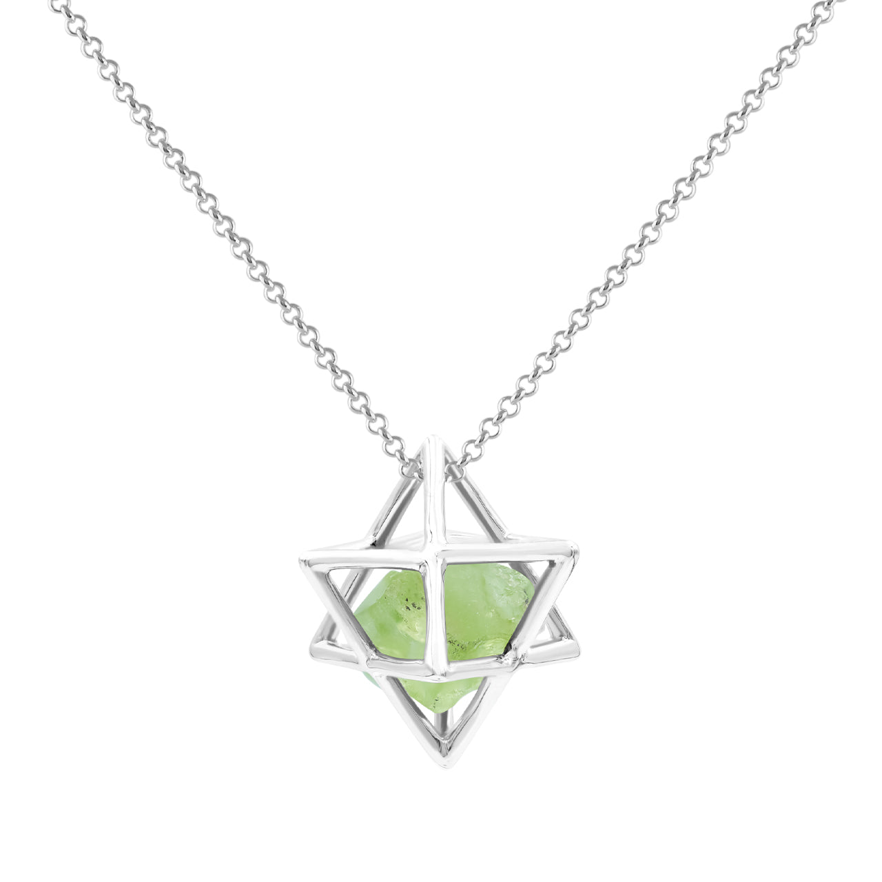 Starborn Natural Raw Peridot in Merkabah Sterling Silver Cage Pendant and Chain