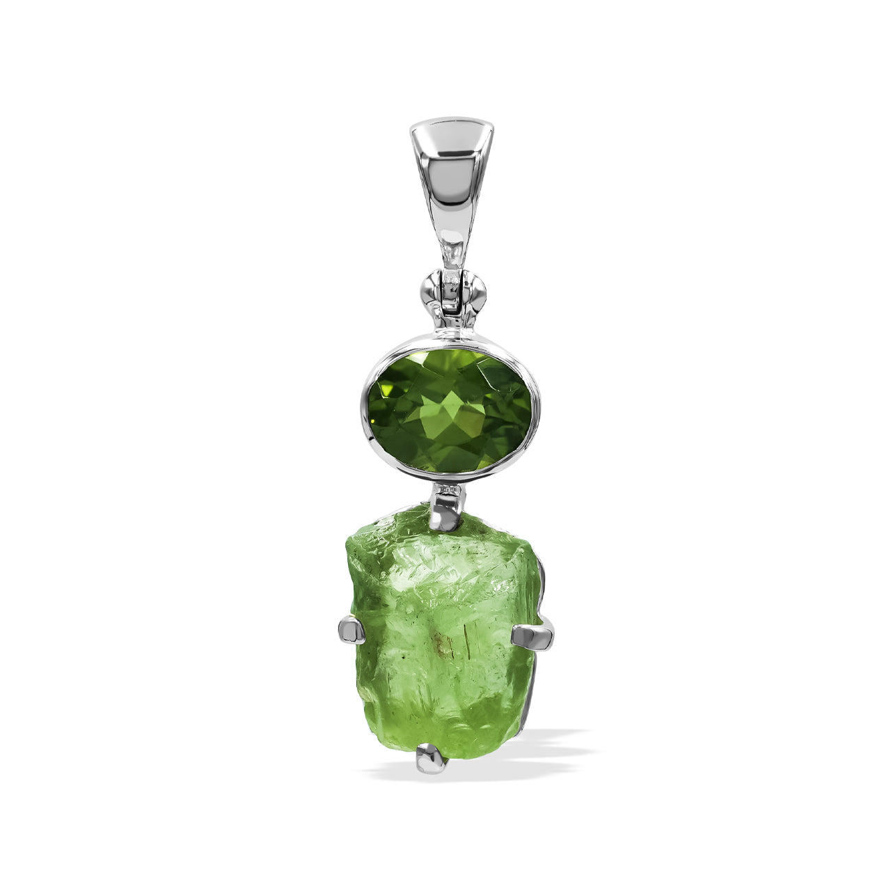 Starborn Peridot Gemstone & Rough Dangle Pendant in Sterling Silver
