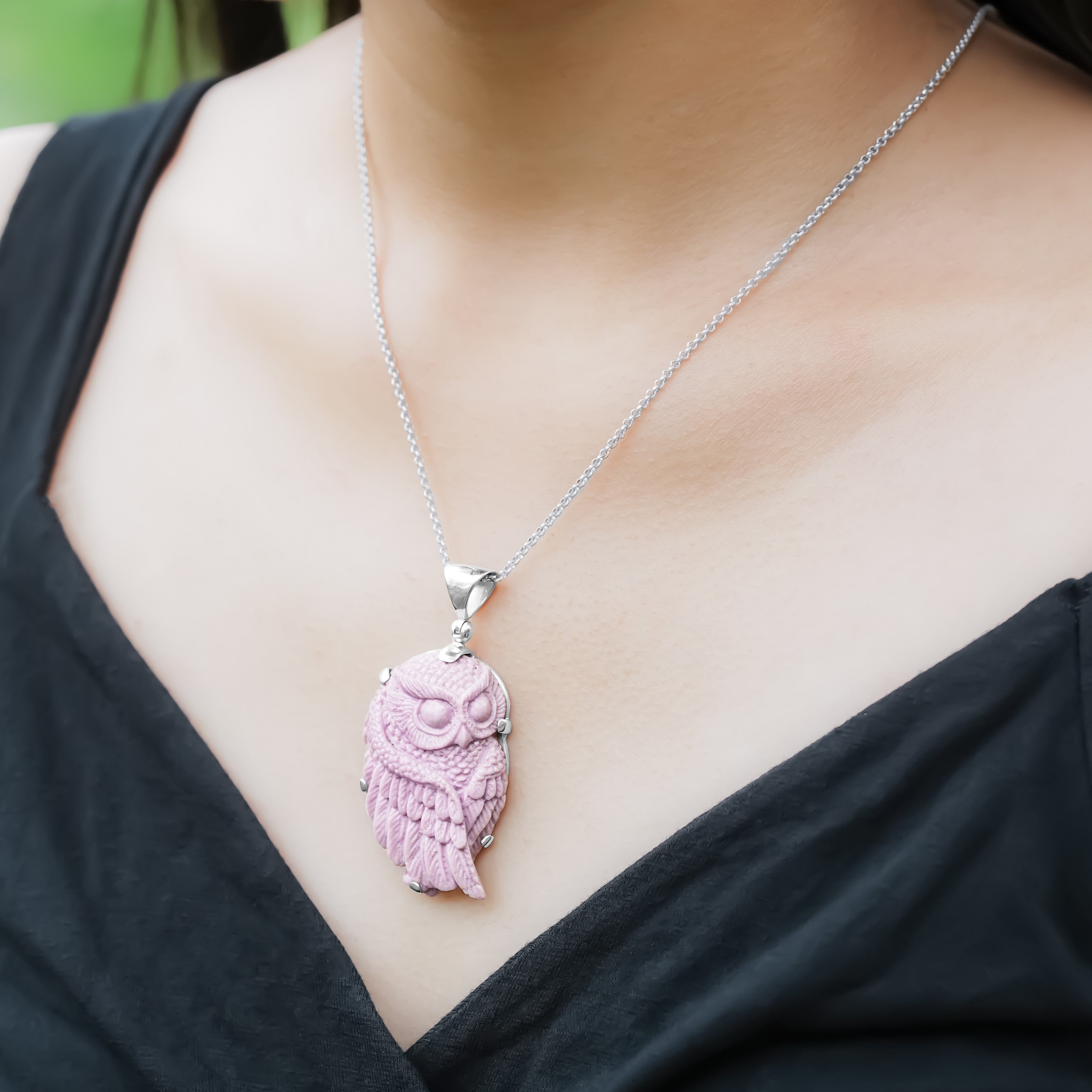 Starborn Phosphosiderite Carved Owl Pendant in Sterling Silver