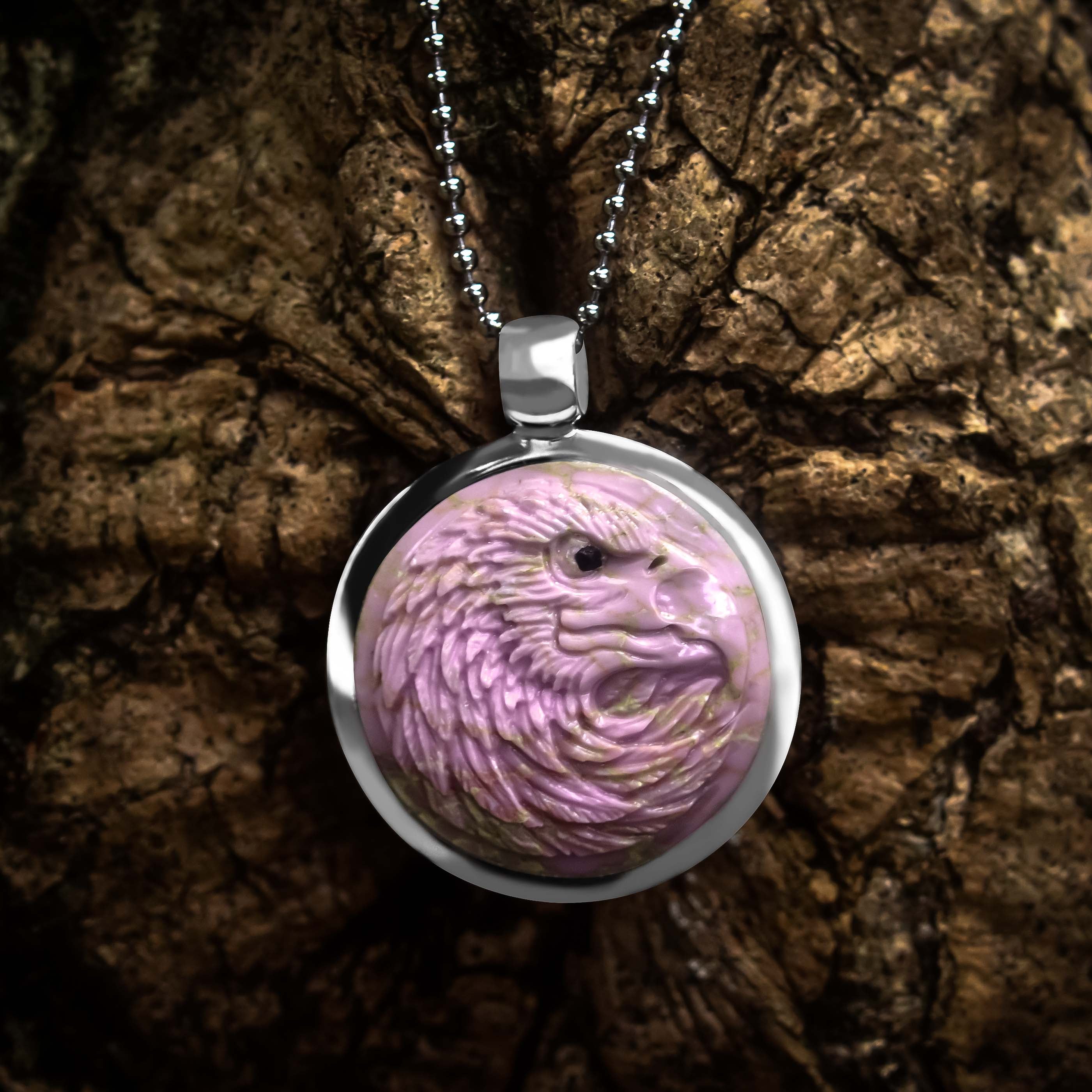 Starborn Phosphosiderite Carved Eagle Head Medallion Style Pendant in Sterling Silver