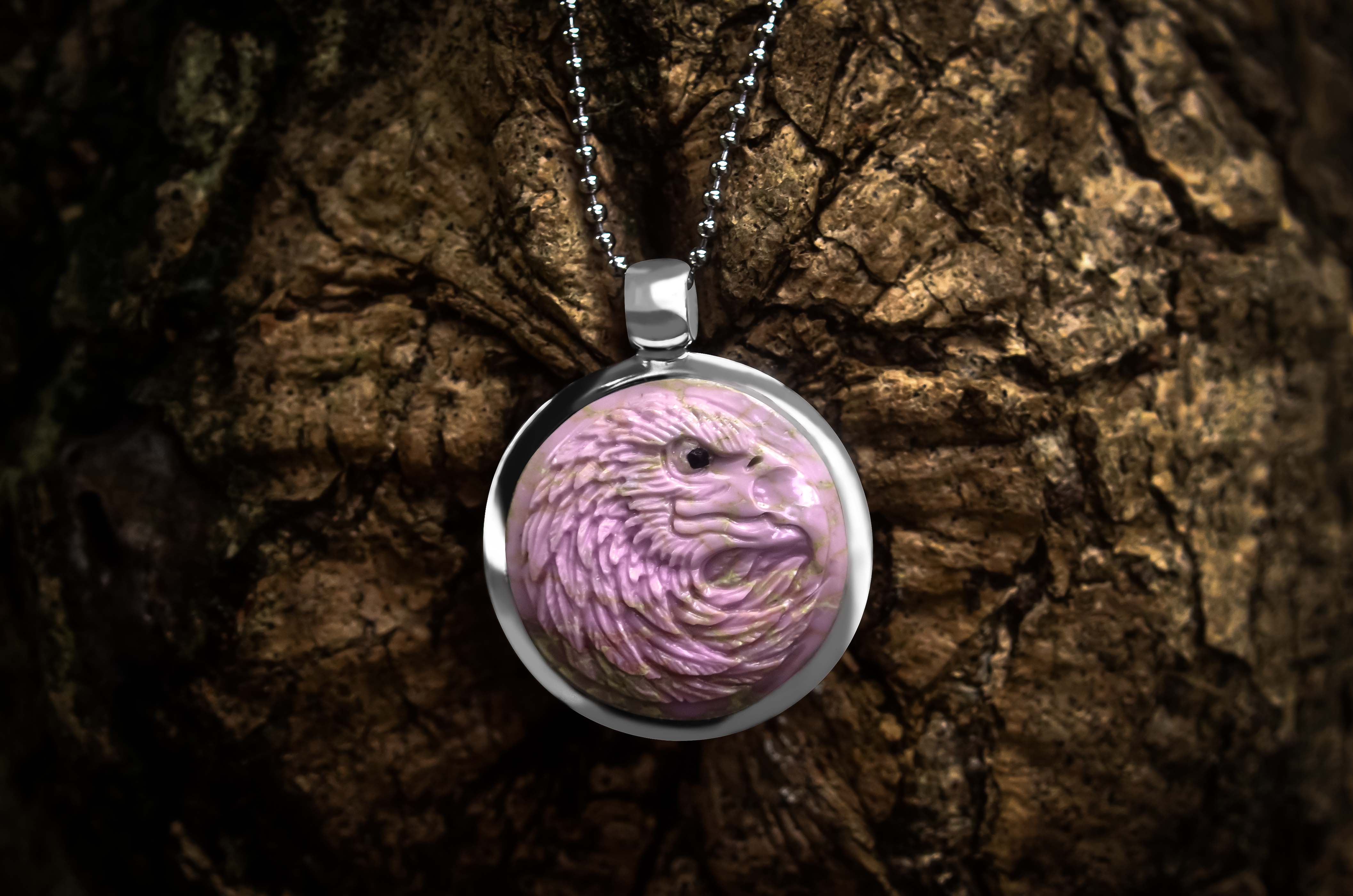 Starborn Phosphosiderite Carved Eagle Head Medallion Style Pendant in Sterling Silver