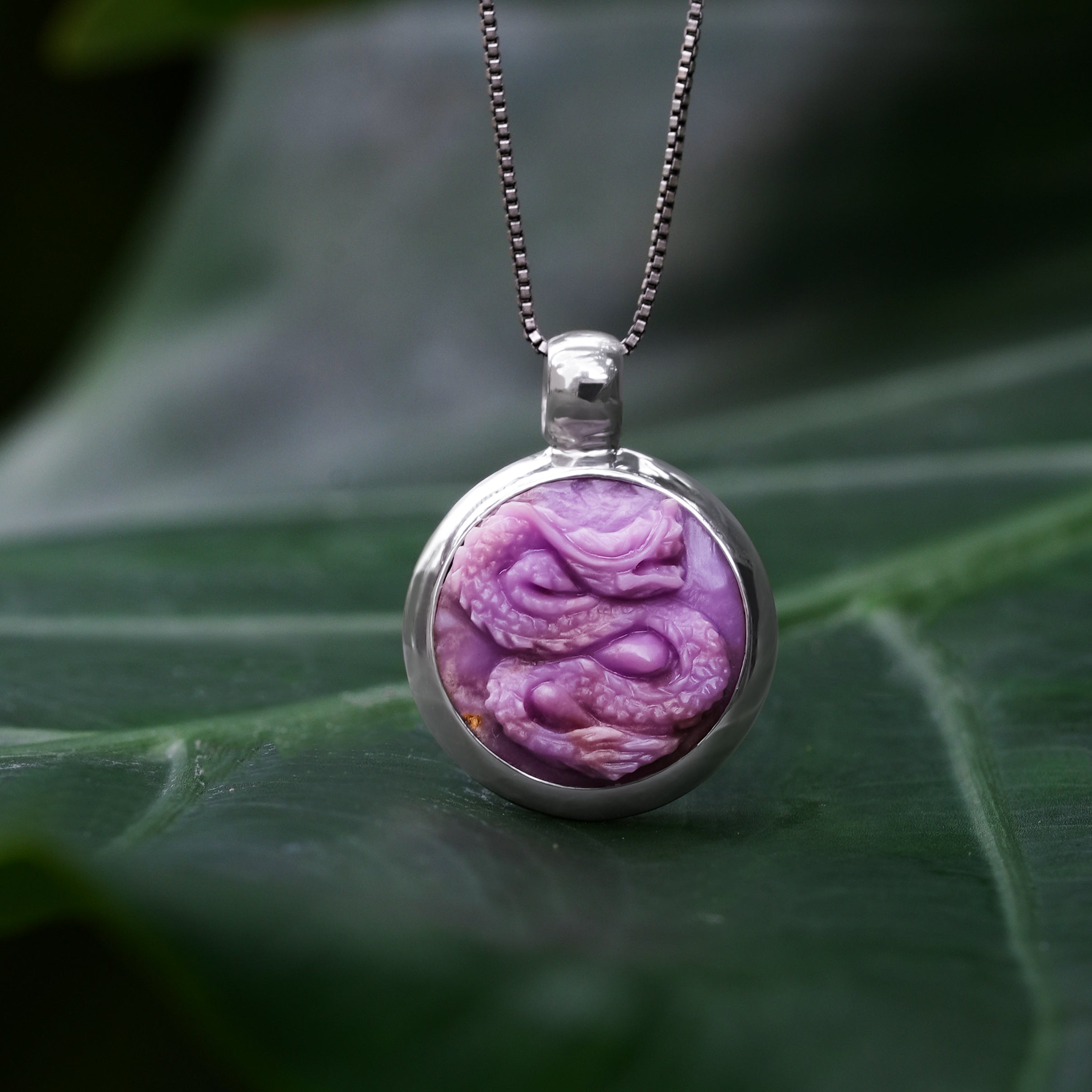 Starborn Phosphosiderite Carved Dragon Medallion Style Pendant in Sterling Silver