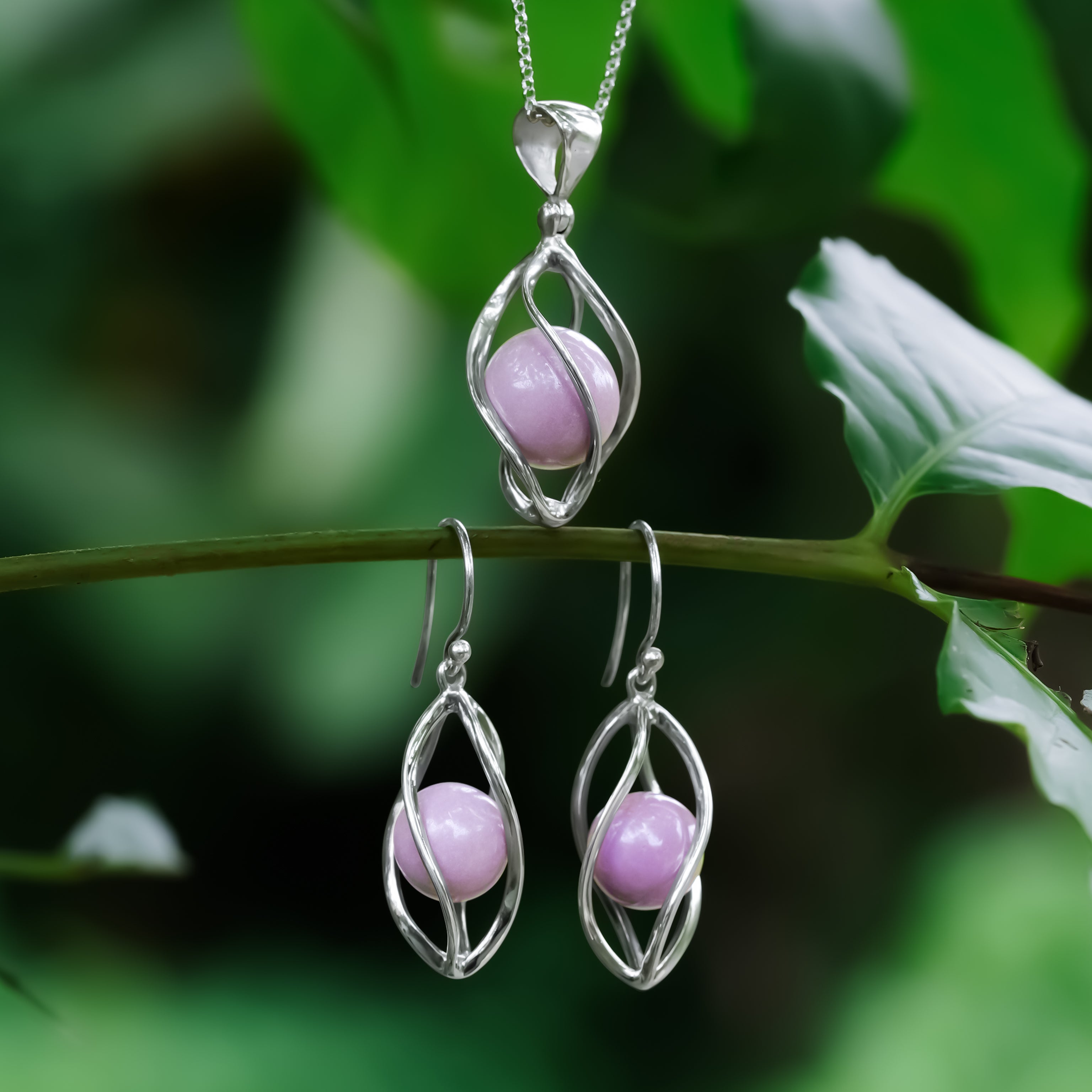 Starborn Phosphosiderite Caged Sphere Pendant and Earring Set in Sterling Silver