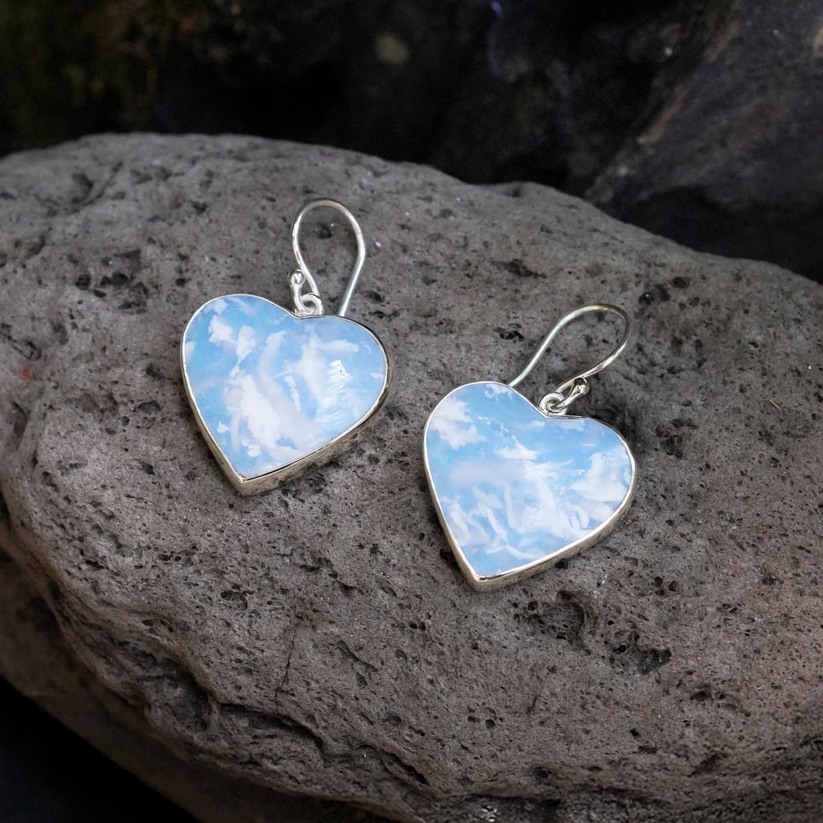 Starborn Plume Agate Aura Triplet Heart Earrings in Sterling Silver