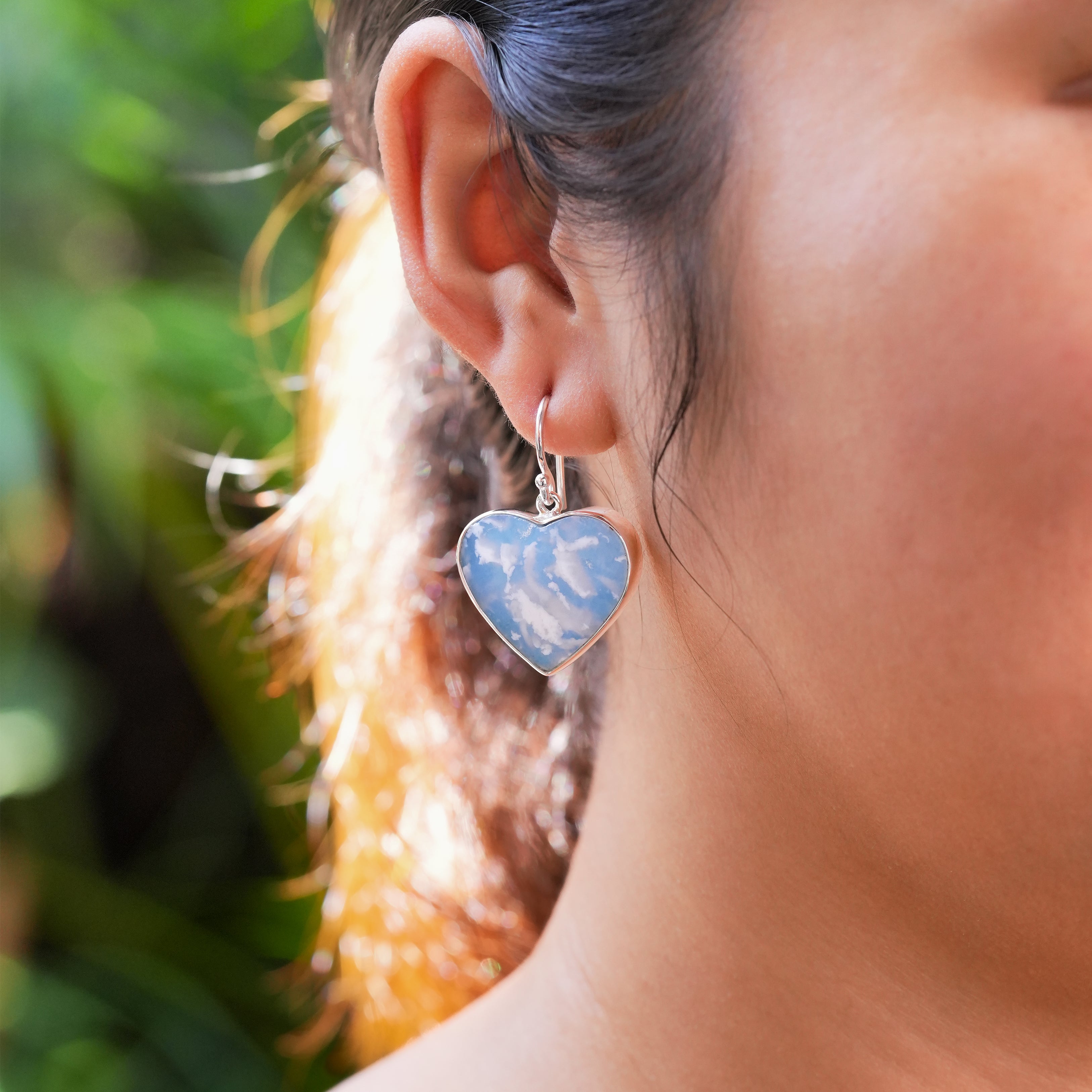 Starborn Plume Agate Aura Triplet Heart Earrings in Sterling Silver