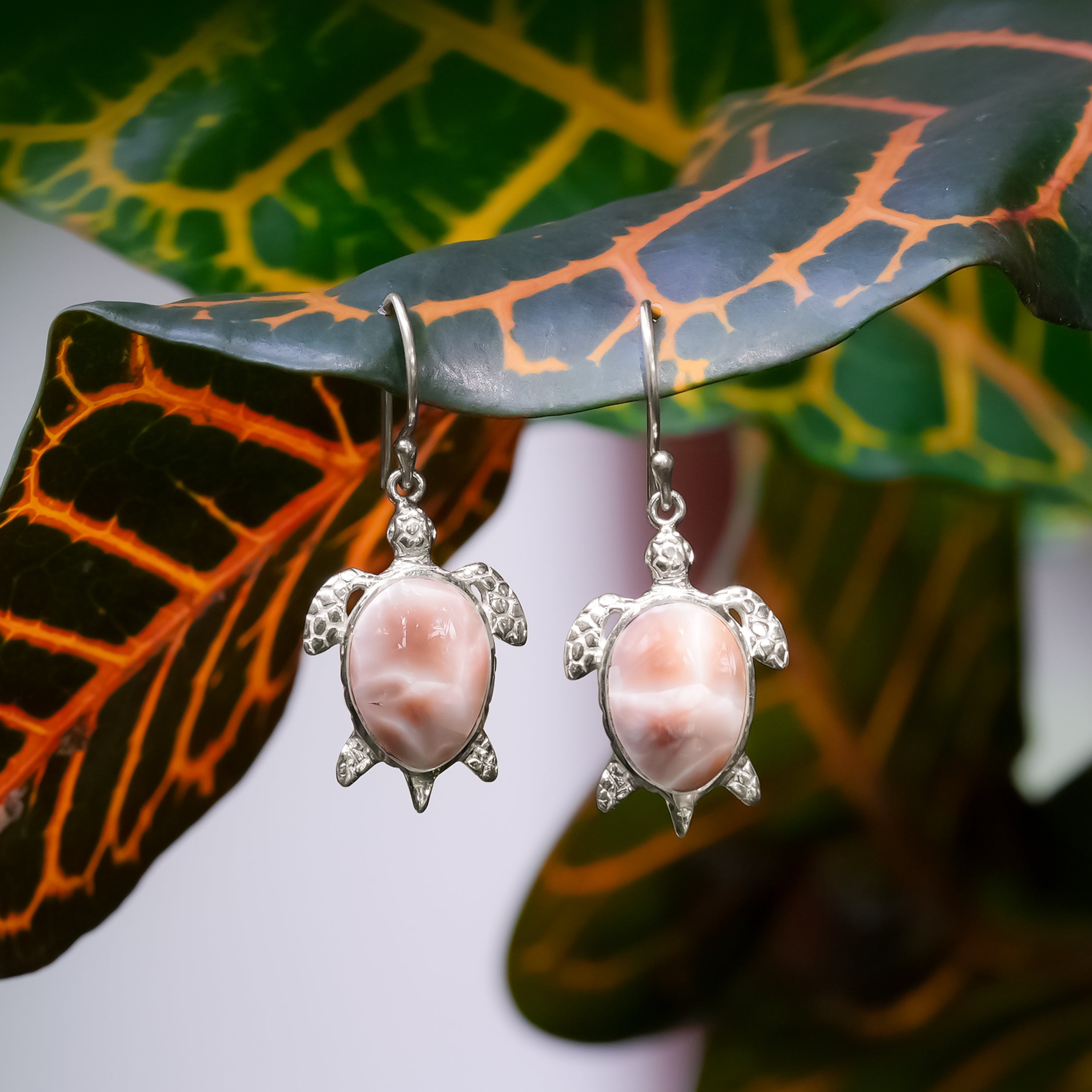Pendientes de tortuga de natrolita rosa Starborn en plata de ley