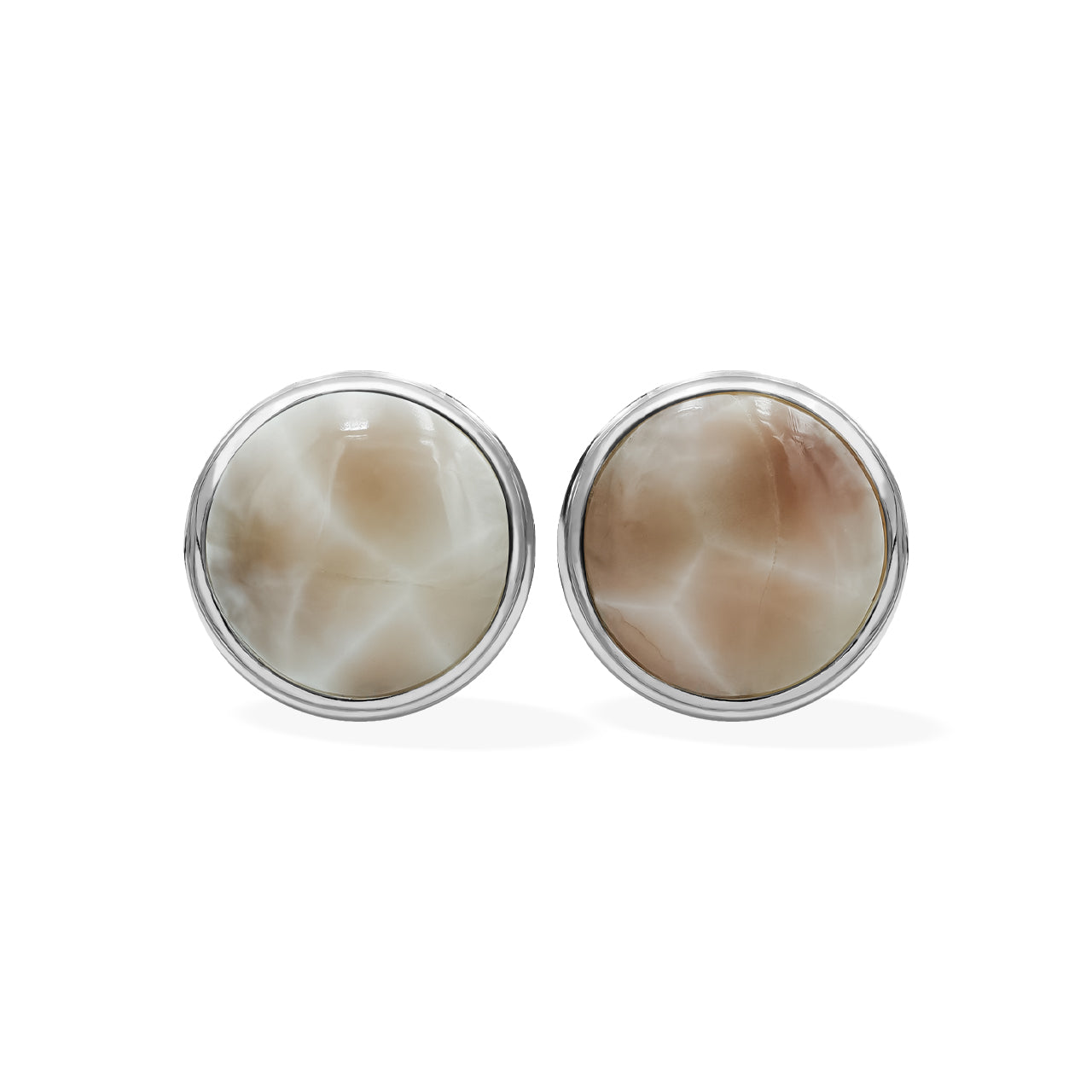 Starborn Pink Natrolite Round Cabochon Double Bezel Post Earrings in Sterling Silver