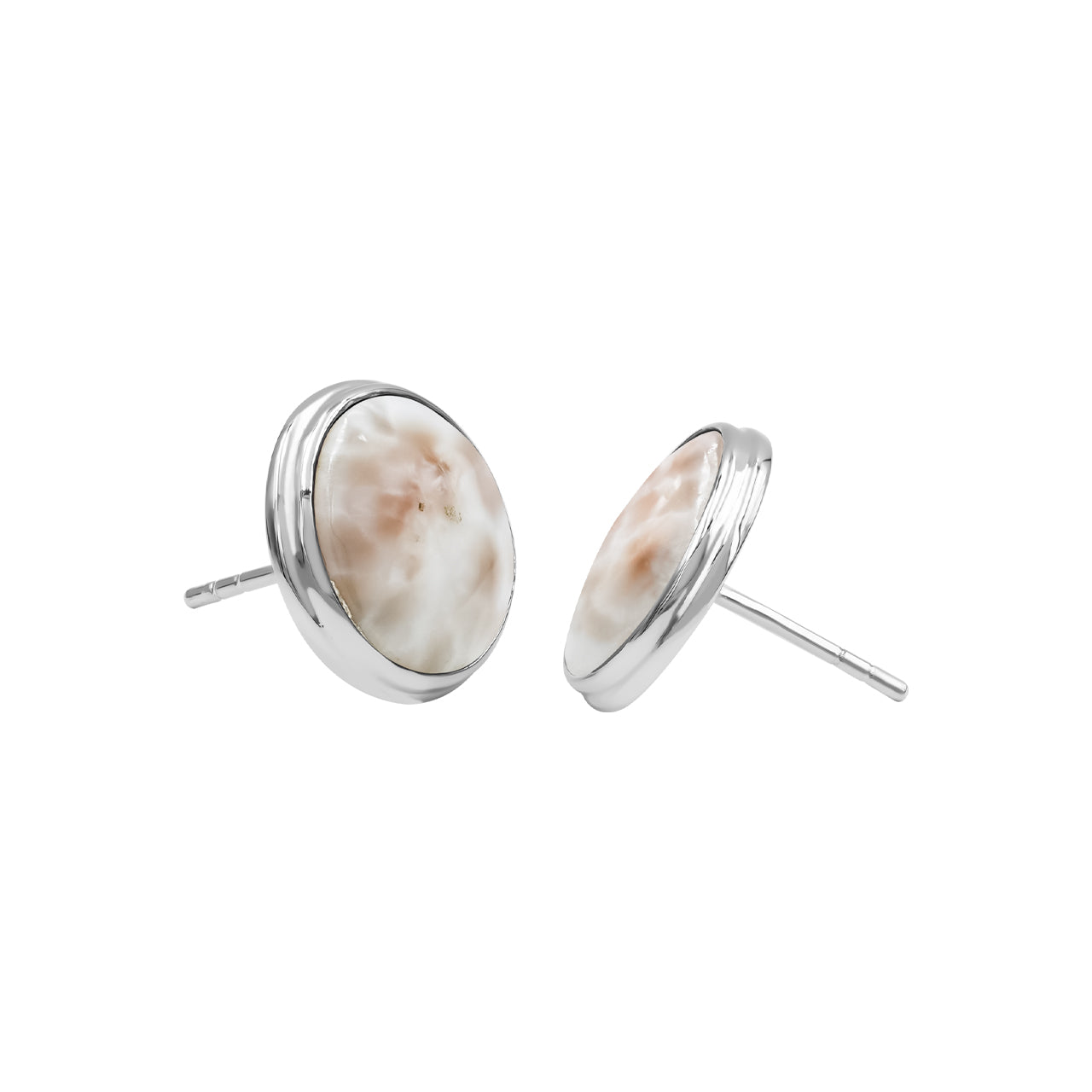 Starborn Pink Natrolite Round Cabochon Double Bezel Post Earrings in Sterling Silver