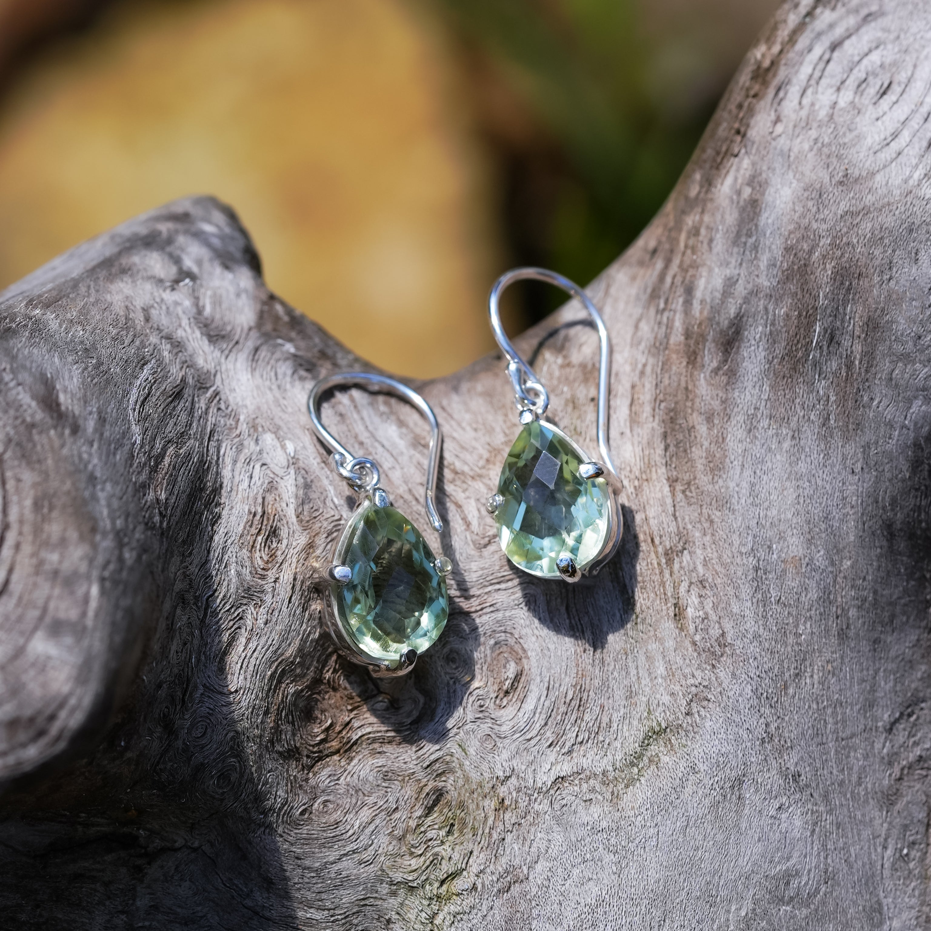 Starborn Green Amethyst Pear Faceted Dangle Earrings in Fine Sterling Silver