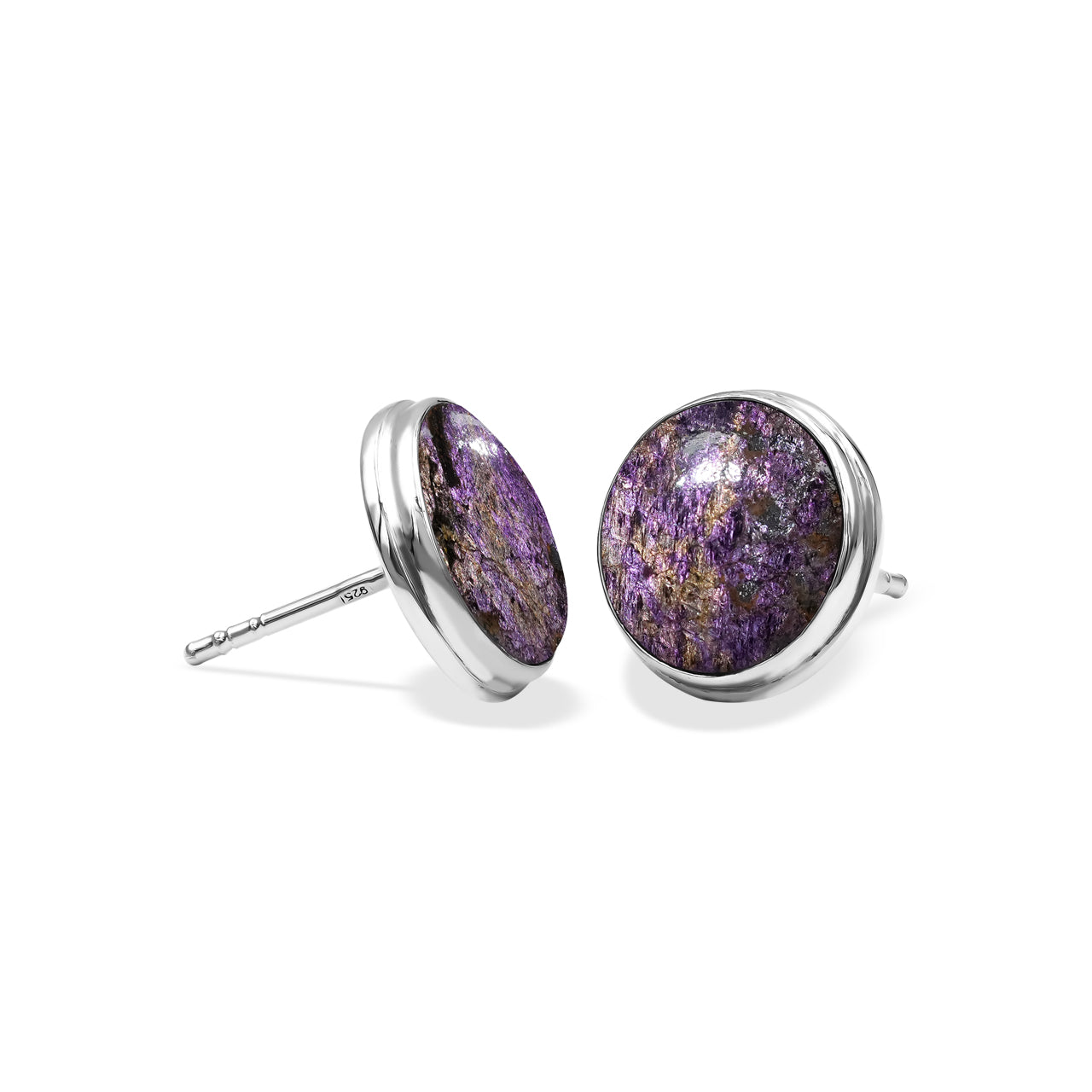 Starborn Purpurite Round Cabochon Double Bezel Post Earrings in Sterling Silver