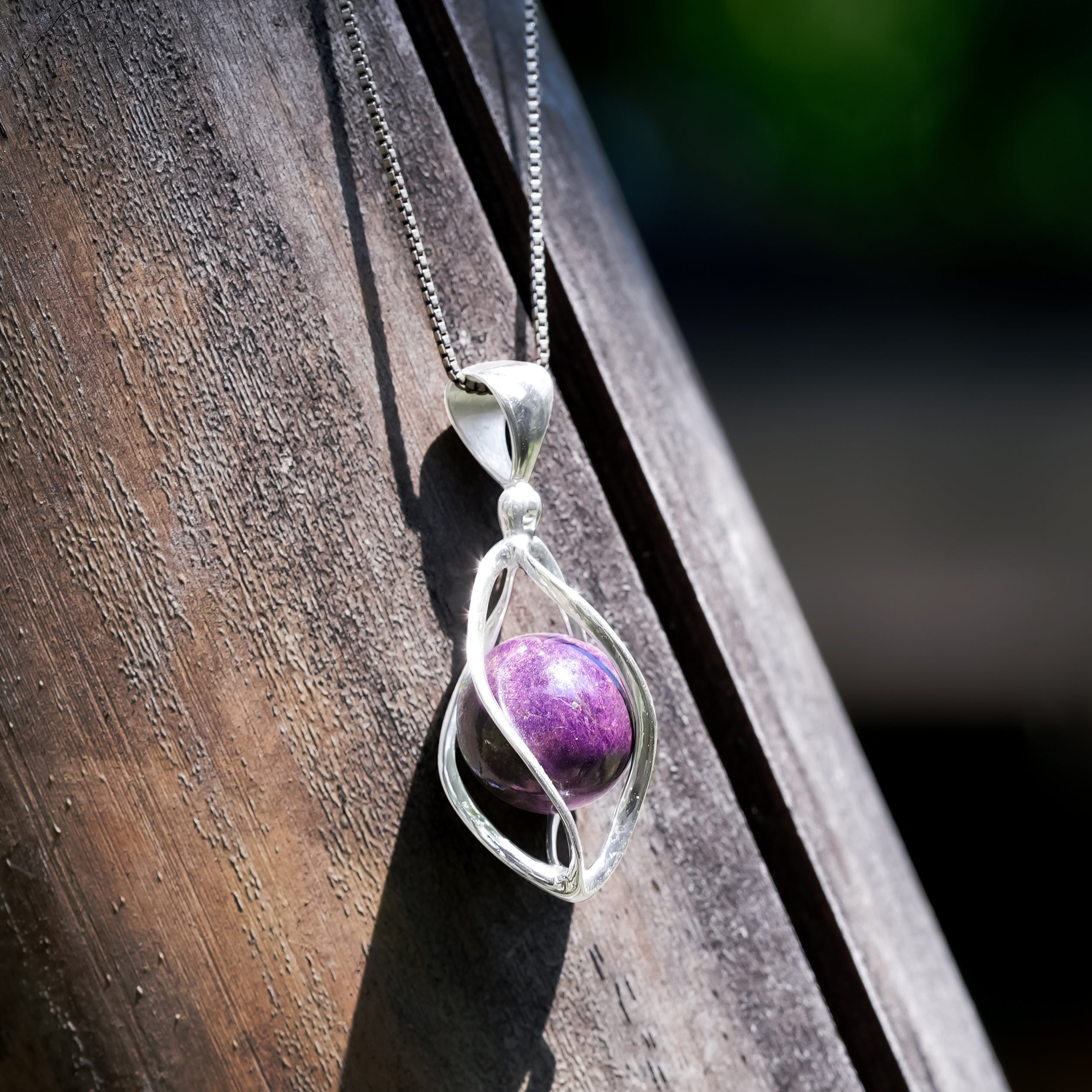 Starborn Purpurite Sphere 12mm Spiral Cage Pendant in Sterling Silver