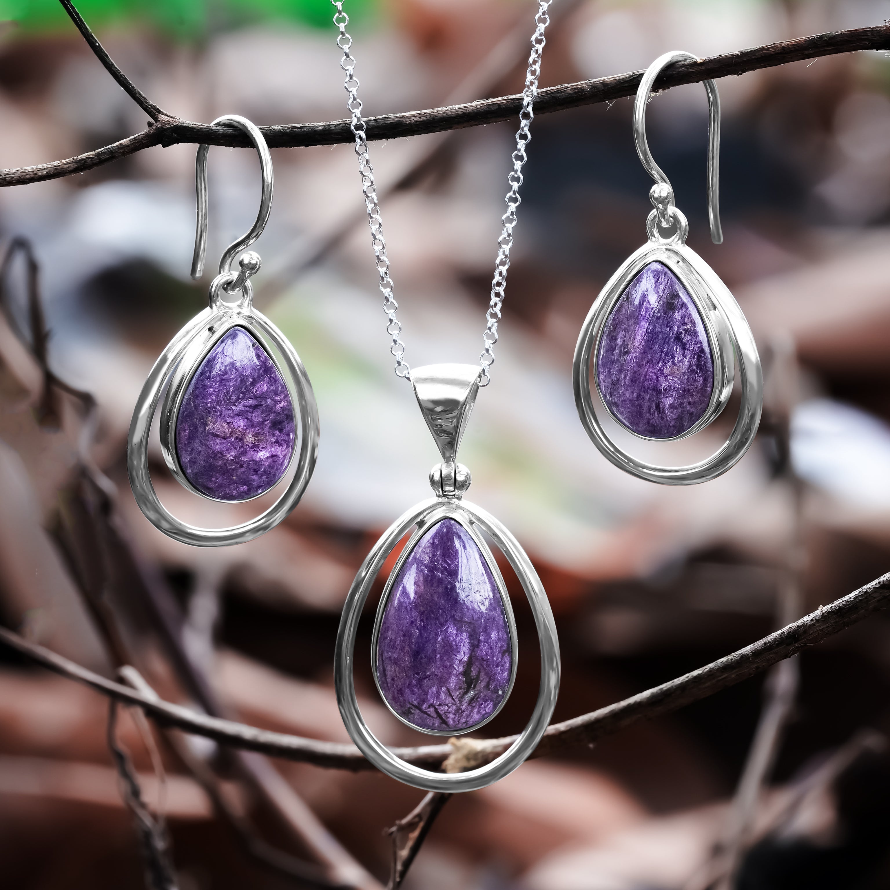 Starborn Purpurit-Anhänger und Ohrringe, Set aus Sterlingsilber