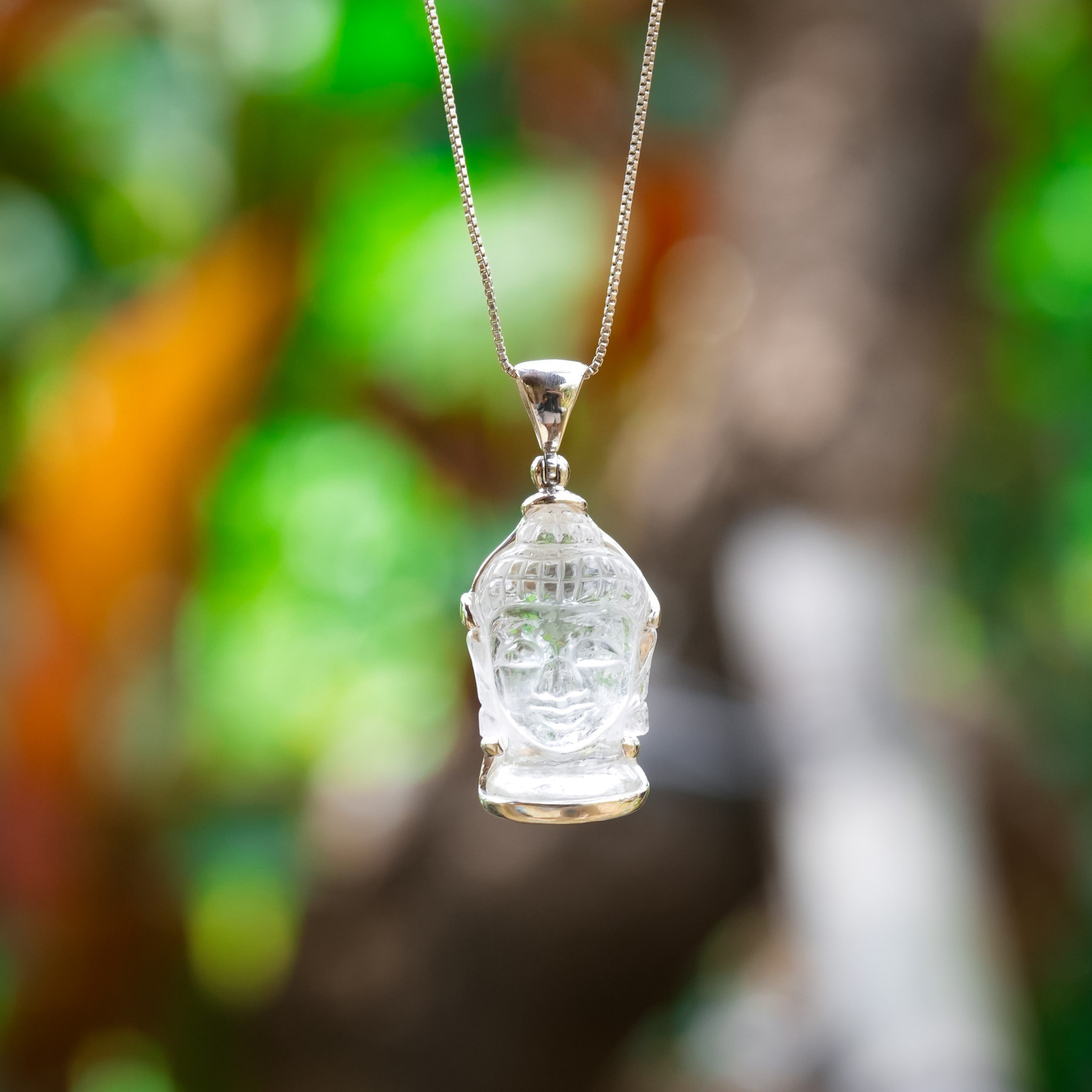Starborn Carved Quartz Buddha Head Pendant in Sterling Silver